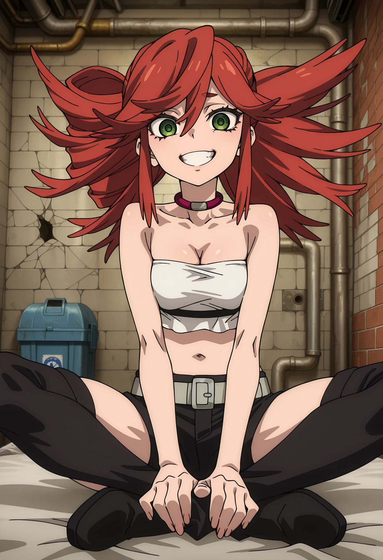 anime screencap, masterpiece, best quality,
1girl, solo, open mouth, grin, teeth,
ponytail, spiked hair, long hair, red hair, green eyes,
brown choker, white tube top, cleavage, small breasts,
midriff, navel,
grey belt, short shorts, black shorts, black thighhighs,
hands on feet,
indian style, on bed, brick wall, cracked wall, looking at viewer,
indoors, industrial pipe, trash, photo background, blurry background
<lora:Gachiakuta_RiyouReaper_IlluXL:0.9>