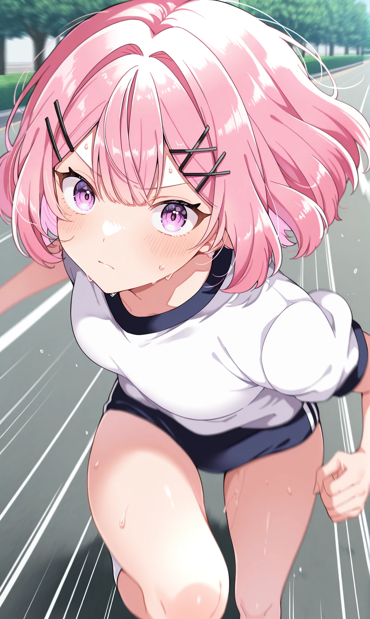<lora:amaori_renako_illust_scarxzys:1>, amaori renako, pink hair, short hair, double-parted bangs, pink eyes, x hair ornament, 1girl, solo, masterpiece, best quality, amazing quality, street, park, looking at viewer, close-up, buruma, short sleeves, gym uniform, sweat, running, speed lines, motion blur, knee up, from side