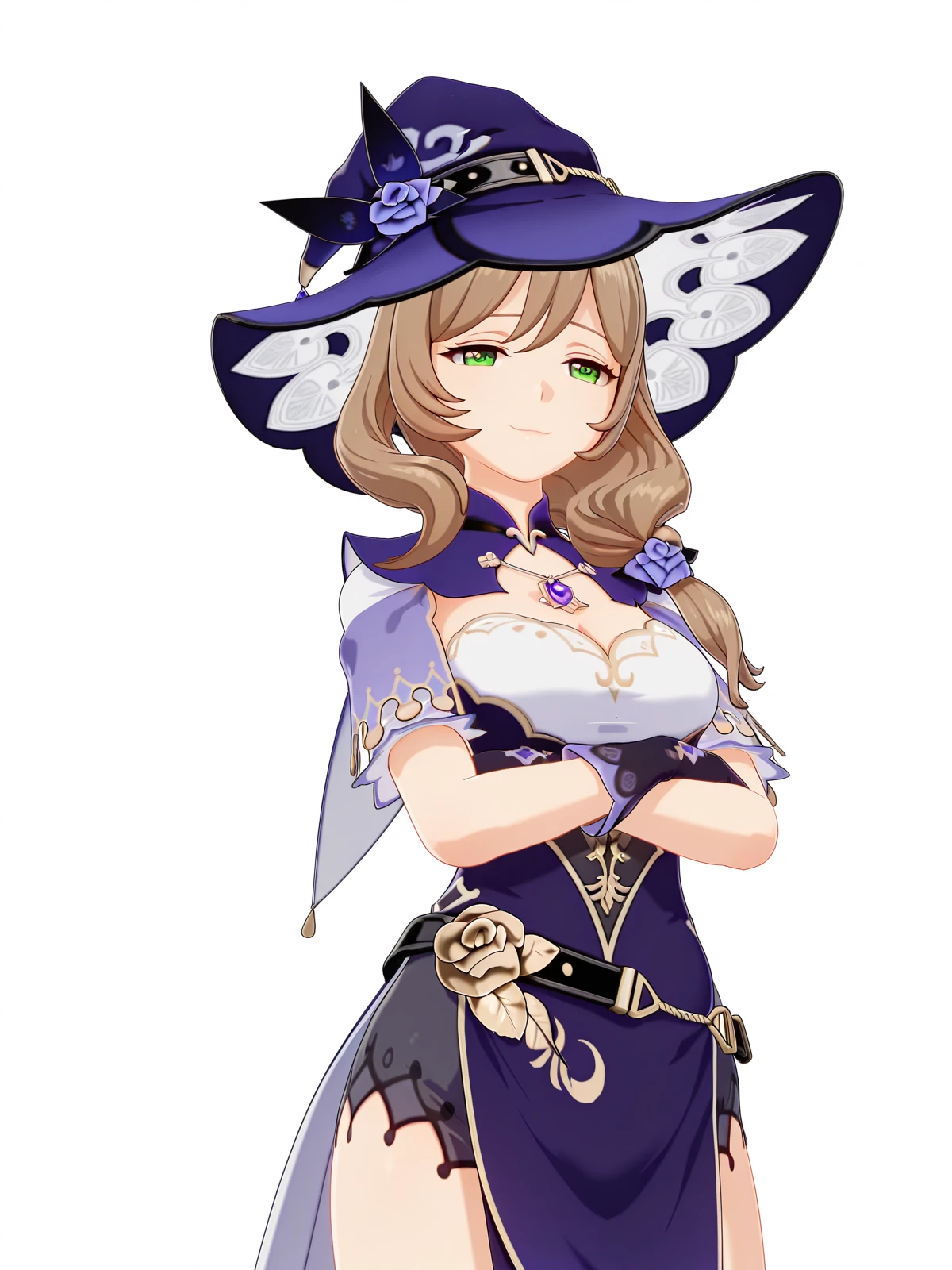 masterpiece, best quality, amazing quality,, <lora:genshin-lisa-minci-ingame-illustriousxl-lora-nochekaiser:1>, lisa minci, lisa (genshin impact), brown hair, green eyes, long hair, low tied hair, mature female, breasts, 3d, belt, capelet, cleavage, gloves, hat, hat belt, jewelry, necklace, pendant, purple capelet, purple headwear, vision (genshin impact), witch, witch hat, crossed arms, smug, industrial, machinery, metal, large, factory, cowboy shot, solo, looking at viewer, <lora:transparent-background-illustriousxl-lora-nochekaiser:1>, transparent background, simple background, white background