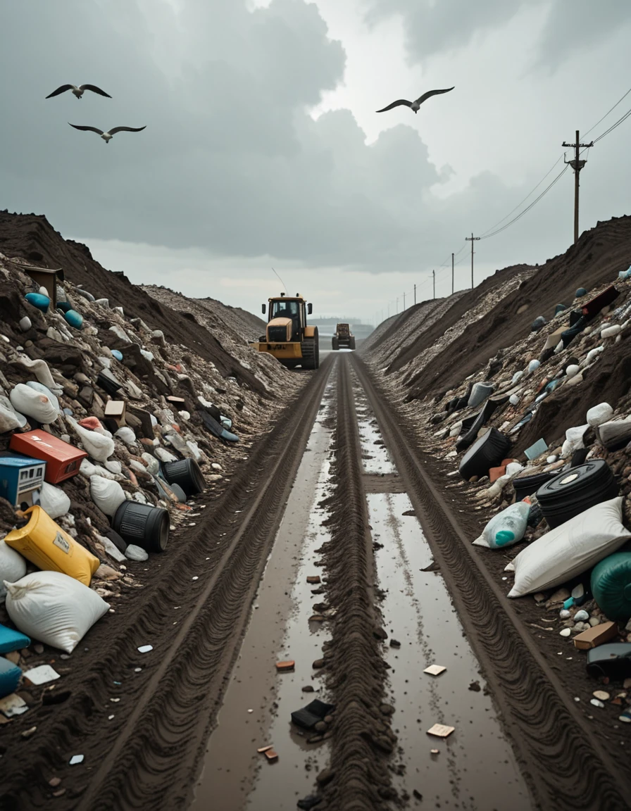 A wide, desolate landscape of a public landfill stretching across the horizon under a cloudy gray sky. Piles of mixed garbageâplastic bags, broken furniture, rusted metal, old electronics, and decaying organic wasteâare scattered in uneven mounds. Seagulls circle overhead while stray dogs rummage through the debris. In the distance, a bulldozer pushes trash into larger heaps, and a faint haze rises from decomposing matter. The ground is muddy and littered with fragments, creating a chaotic, grim atmosphere. No people are present.public l4ndf1ll, <lora:public_l4ndf1llv2-i:1>, Masterpiece,best quality,hi res,8k,hi res,8k,award winning,(sharp focus, intricate, highly detailed),