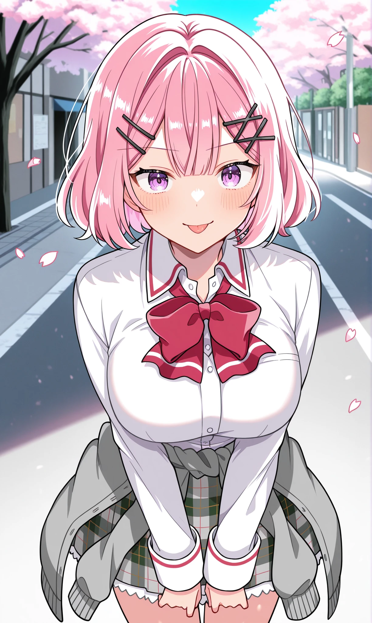 <lora:amaori_renako_illust_scarxzys:1>, amaori renako, pink hair, short hair, double-parted bangs, pink eyes, x hair ornament, ashigaya high school uniform, white shirt, collared shirt, long sleeves, red bowtie, grey cardigan, cardigan around waist, clothes around waist, grey skirt, plaid skirt, miniskirt, 1girl, solo, masterpiece, best quality, amazing quality, cherry blossoms, street, looking down at viewer, close-up, ;p