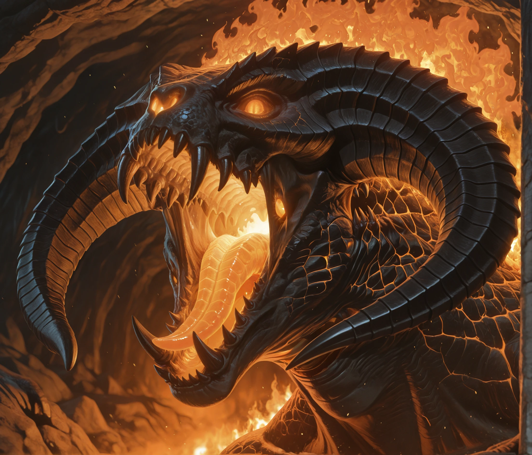 masterpiece, best quality, perfect quality, very awa, absurdres, newest, very aesthetic, absolutely eye-catching, intricate details,
cave, underground, lair, blurry background, roar, (((close up))), ((portrait)),
balr0g, demon, monster, creature, fire, brimstone, scales, cracked skin, muscular, glowing eyes, orange eyes, no pupils, horns, glowing nostrils, glowing mouth, glowing tongue, sharp teeth, glowing, pectorals, abs, demon wings, wings, claws, tail, digitigrade, four fingers, two toes,
<lora:Balrog for Illustrious:0.8>