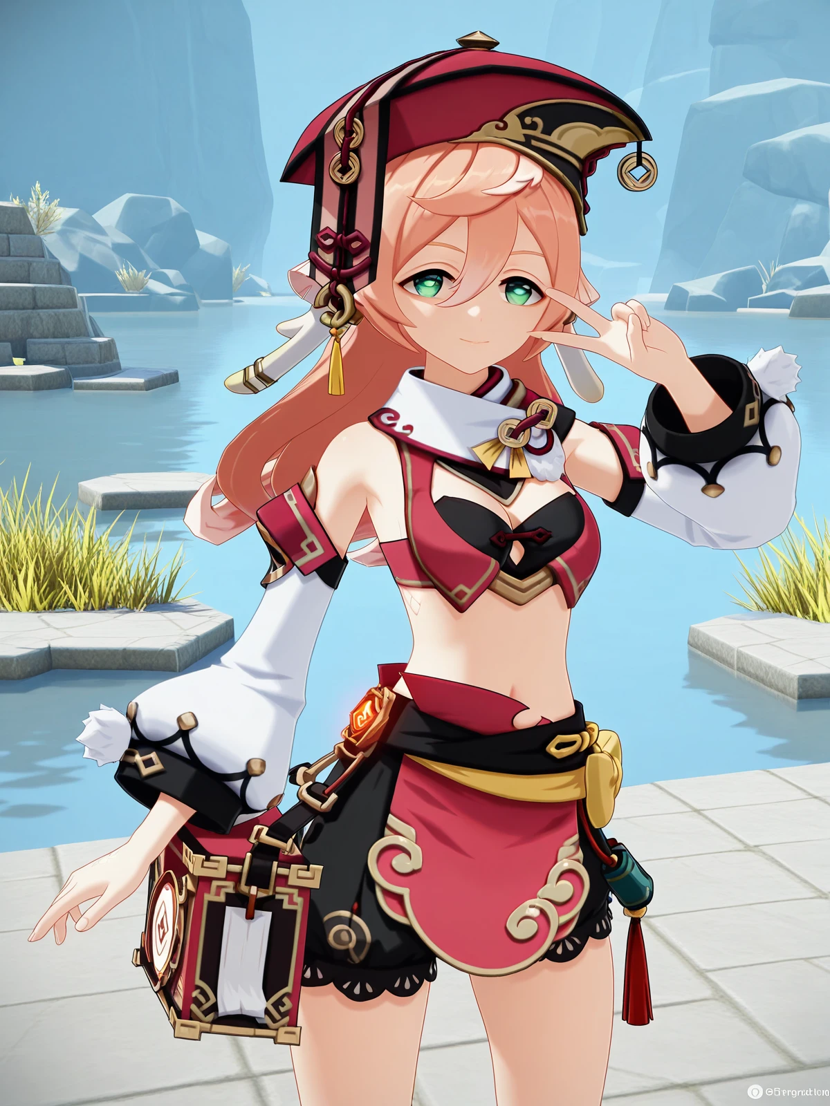 masterpiece, best quality, amazing quality,, <lora:genshin-yanfei-ingame-illustriousxl-lora-nochekaiser:1>, yanfei, yanfei (genshin impact), antlers, horns, pink hair, long hair, hair between eyes, green eyes, mature female, medium breasts, 3d, black bra, black shorts, boots, bow, bra, high heels, long sleeves, midriff, navel, red headwear, red skirt, red vest, shorts, skirt, two-tone footwear, vest, yellow bow,, v, v over eyes,, well, water, stone, old, deep, cowboy shot, solo, looking at viewer,