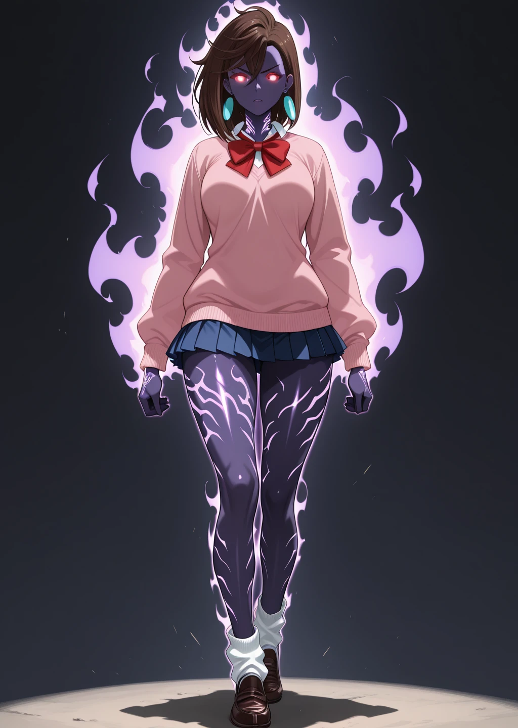 masterpiece, absurdres, textless version, perfect hands, best hands,  best detail, best quality, detailed, high quality, BREAK,  full body, shiny skin, 1girl,   <lora:Shadow_Soldier_Solo_Leveling_Illustrious:0.8> arise, glowing, glowing eyes, aura, shadow, shadow_soldier, glowing skin, aura skin, smokey skin, dark skin, shadowy figure, misty and wispy, black skin, purple skin, <lora:Momo_Ayase_DandaDan_Illustrious:0.74> momo ayase, earrings, brown hair, gyaru, red bow, school uniform, skirt, pink sweater,