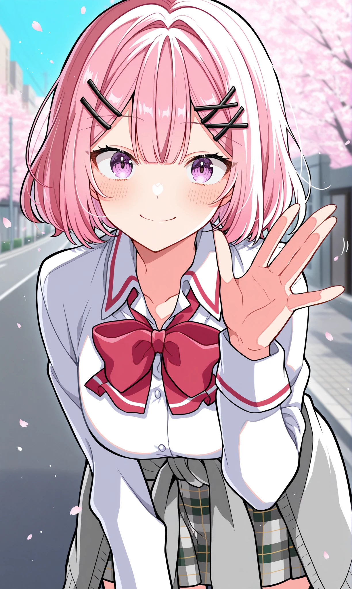 <lora:amaori_renako_illust_scarxzys:1>, amaori renako, pink hair, short hair, double-parted bangs, pink eyes, x hair ornament, ashigaya high school uniform, white shirt, collared shirt, long sleeves, red bowtie, grey cardigan, cardigan around waist, clothes around waist, grey skirt, plaid skirt, miniskirt, 1girl, solo, masterpiece, best quality, amazing quality, cherry blossoms, street, looking at viewer, close-up, leaning forward, smile, waving