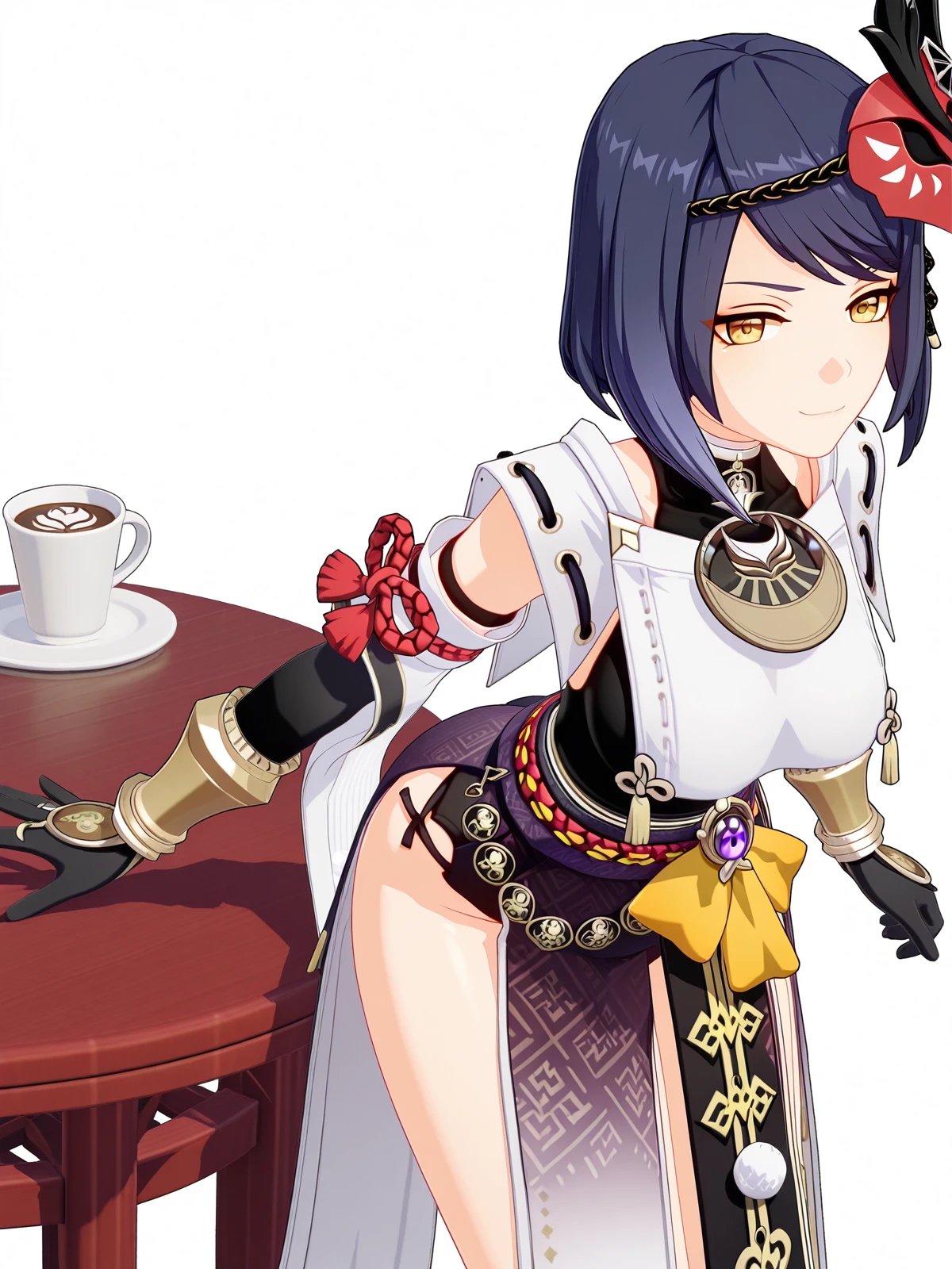 masterpiece, best quality, amazing quality,, <lora:genshin-sara-kujou-ingame-illustriousxl-lora-nochekaiser:1>, sara kujou, kujou sara, blue hair, short hair, swept bangs, yellow eyes, mature female, breasts, 3d, bird mask, gloves, leotard, bracer, detached sleeves, elbow gloves, gloves, japanese clothes, jewelry, leotard, mask, mask on head, obi, pelvic curtain, pendant, sash, sleeveless, vision (genshin impact), wide sleeves,, bent over, smug,, cafe, coffee, table, chairs, casual, cowboy shot, solo, looking at viewer, <lora:transparent-background-illustriousxl-lora-nochekaiser:1>, transparent background, simple background, white background
