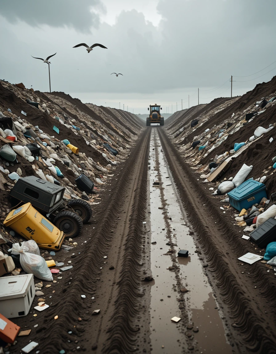 A wide, desolate landscape of a public landfill stretching across the horizon under a cloudy gray sky. Piles of mixed garbageâplastic bags, broken furniture, rusted metal, old electronics, and decaying organic wasteâare scattered in uneven mounds. Seagulls circle overhead while stray dogs rummage through the debris. In the distance, a bulldozer pushes trash into larger heaps, and a faint haze rises from decomposing matter. The ground is muddy and littered with fragments, creating a chaotic, grim atmosphere. No people are present.public l4ndf1ll, <lora:public_l4ndf1llv2-i:1>, Masterpiece,best quality,hi res,8k,hi res,8k,award winning,(sharp focus, intricate, highly detailed),