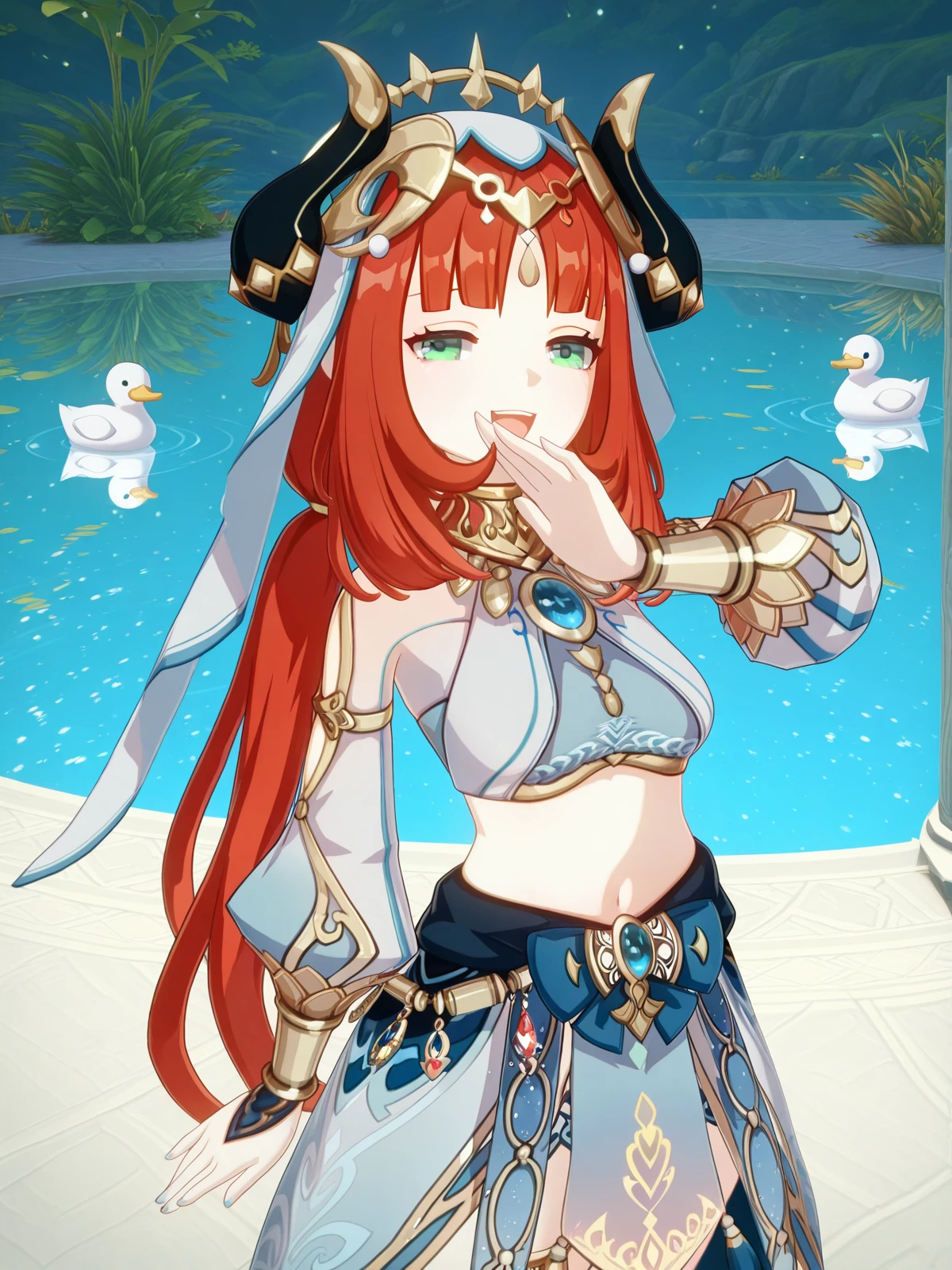 masterpiece, best quality, amazing quality,, <lora:genshin-nilou-ingame-illustriousxl-lora-nochekaiser:1>, nilou, nilou (genshin impact), red hair, twintails, blue eyes, long hair, very long hair, mature female, medium breasts, 3d, blue skirt, bracer, circlet, crop top, dancer, detached sleeves, fake horns, gladiator sandals, gold footwear, gold trim, horns, jewelry, long sleeves, neck ring, puffy long sleeves, puffy sleeves, sandals, skirt, thighlet, thighs, veil, white headwear, white sleeves, white veil,, <lora:ojou-sama-pose-illustriousxl-lora-nochekaiser:1>, ojou-sama pose, laughing, smug, hand to own mouth, open mouth, upper body, pond, still_water, plants, ducks, peaceful, cowboy shot, solo, looking at viewer,