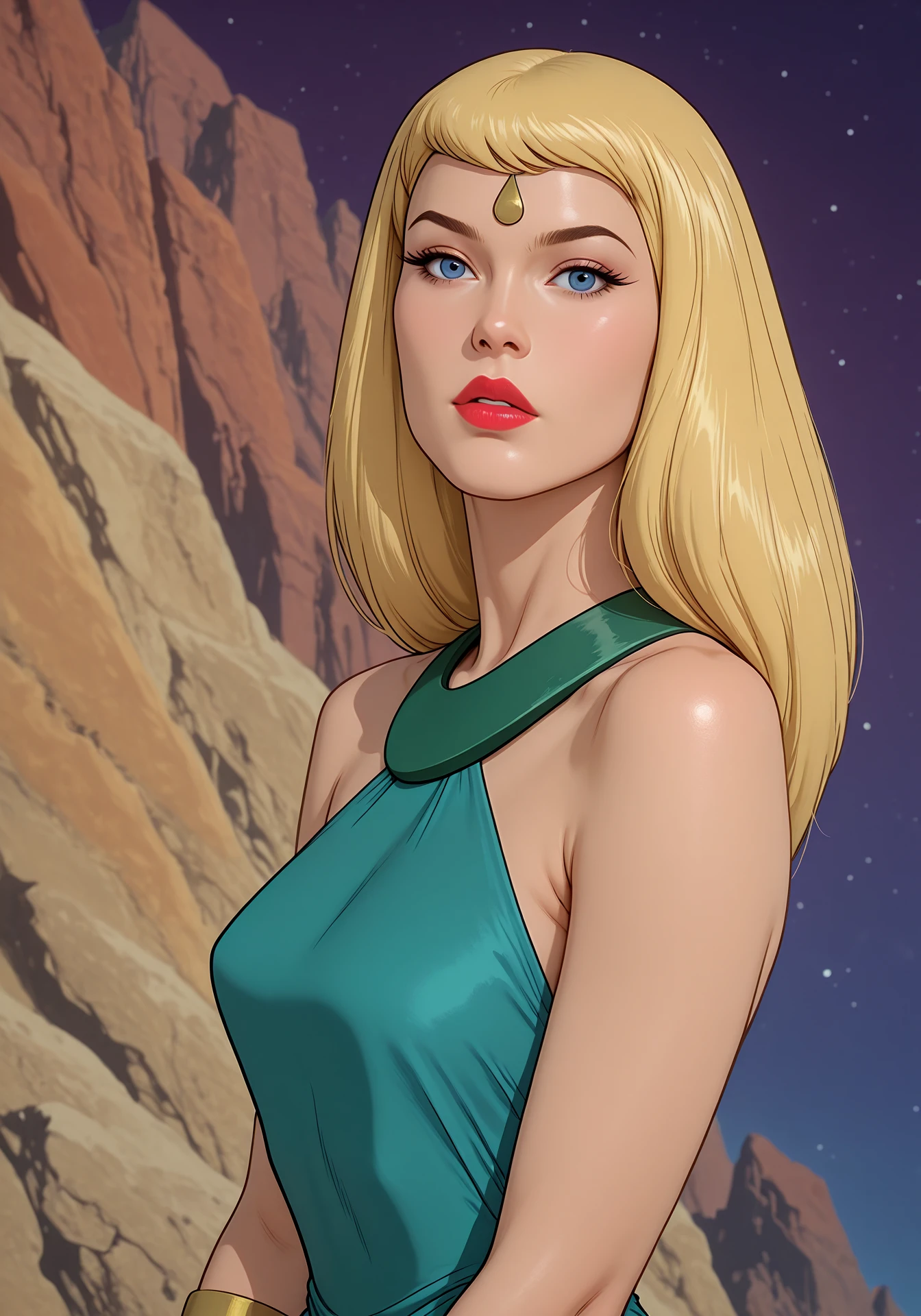 absurdres, 8k, high resolution, masterpiece, best quality, absolutely fantastic art, amazing quality, very aesthetic, <lora:tara_herculoids>, tara_herculoids, 1girl, solo, blonde hair, blue eyes, long hair, dress, lipstick, jewelry, bracelet, lips, bare shoulders, looking at viewer, upper body, mature female