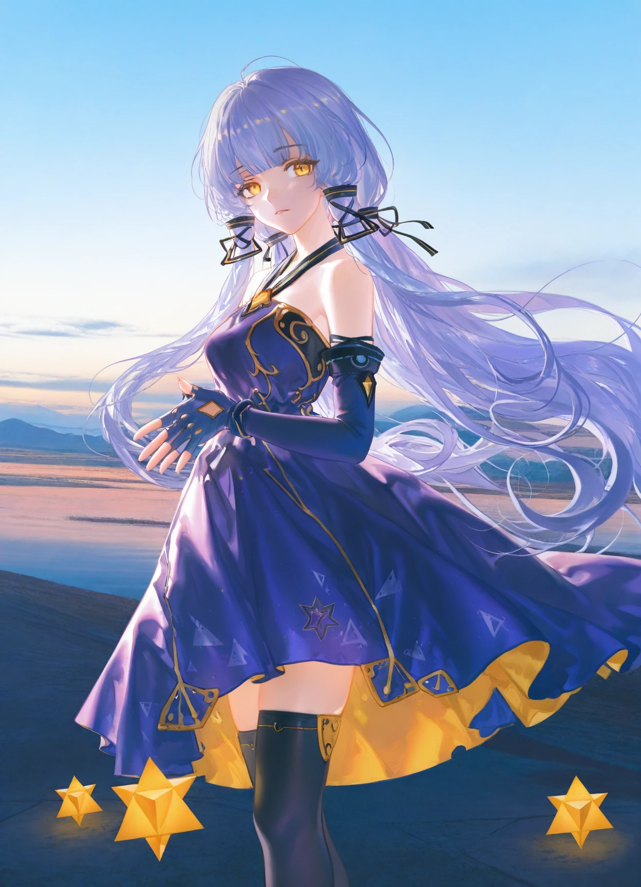 huge filesize,(((very awa))),(((very aesthetic))),((masterpiece))),(((best quality))),newest,[[4 fingers]],4toes,
(quasarcake:0.8),artist:ask(askzy),[[[artist:wlop]]],artist:ciloranko,[[wanke]],
((solo:1.5)),1girl,<lora:Age-V2:2>,
real world location,photo bashing,
<lora:XinchenTSY-000015:1>,Xingchentsy,
blue hair,light blue hair,purple hair,gradient hair,long hair,very long hair,quad tails,sidelocks,hair tubes,hair ribbon,tress ribbon,floating hair,bright pupils,yellow eyes,yellow dress,purple dress,halter dress,two-sided dress,gold trim,bare shoulders,black thighhighs,thighhighs,zettai ryouiki,blue gloves,elbow gloves,fingerless gloves,black ribbon,ribbon,jewelry,hexagram,star of david,star print,triangle,triangle print,stellated octahedron,anklet,