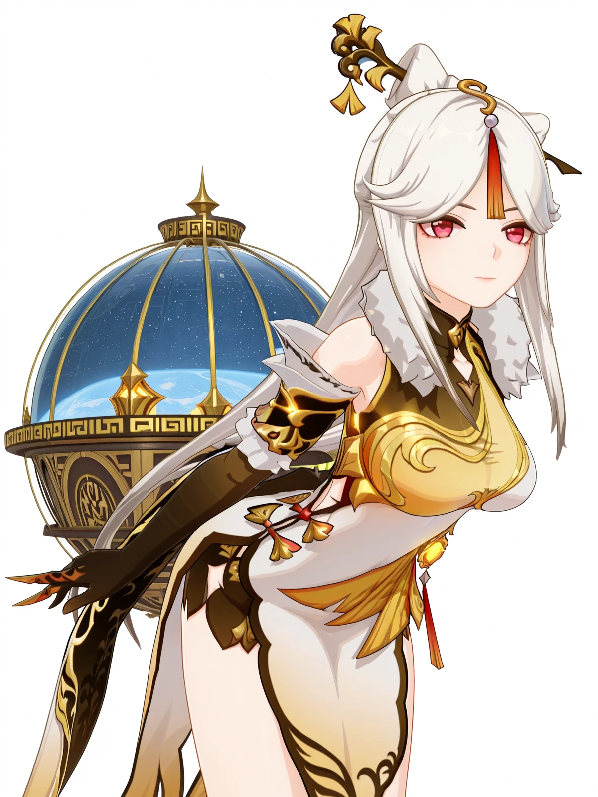 masterpiece, best quality, amazing quality,, <lora:genshin-ningguang-ingame-illustriousxl-lora-nochekaiser:1>, ningguang, ningguang (genshin impact), grey hair, hair ornament, hairpin, long hair, parted bangs, red eyes, sidelocks, streaked hair, red hair, mature female, breasts, 3d, bare shoulders, black gloves, chinese clothes, claw ring, detached sleeves, dress, elbow gloves, frilled sleeves, frills, fur collar, gloves, jewelry, pelvic curtain, sleeveless, sleeveless dress, white dress,, hands behind back, bent over,, planetarium, stars, sky, seats, dome, cowboy shot, solo, looking at viewer, <lora:transparent-background-illustriousxl-lora-nochekaiser:1>, transparent background, simple background, white background