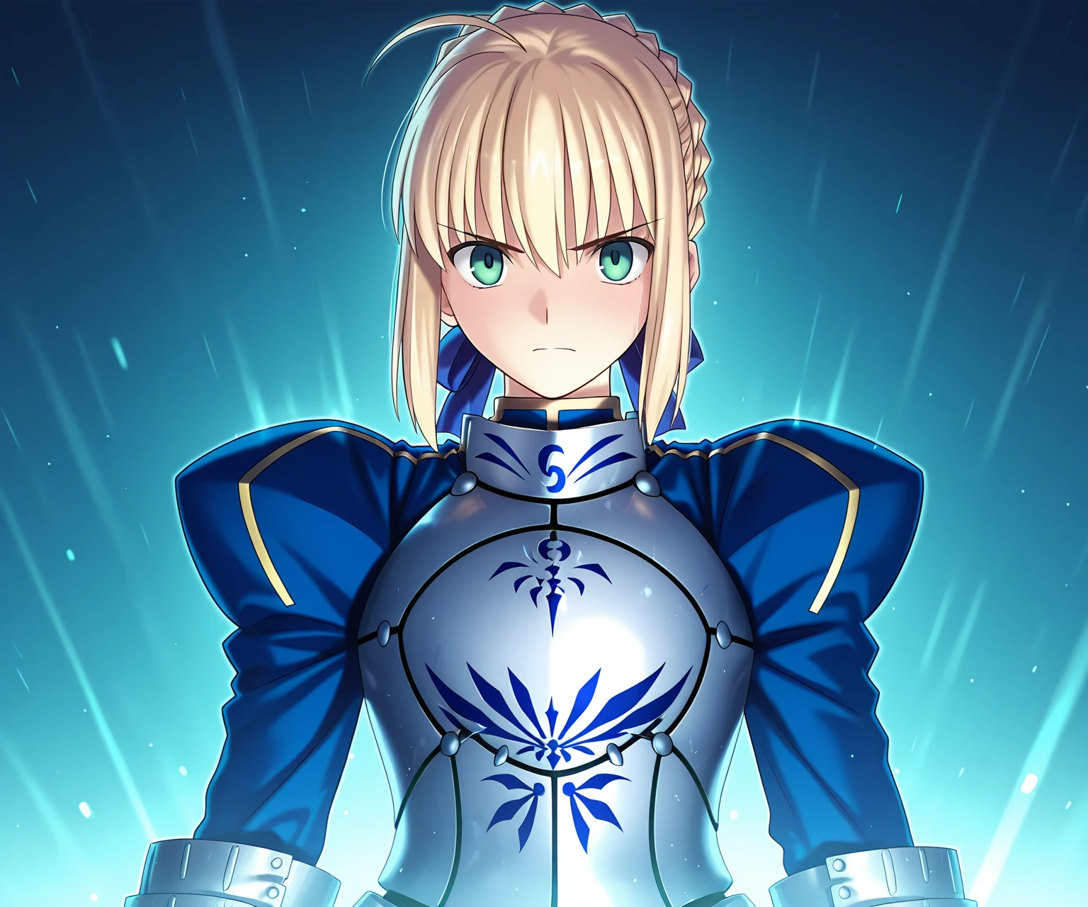 masterpiece, best quality, amazing quality, , 1girl, solo, looking at viewer, <lora:Fate_SNHA_style_ILL-v2:1> fatesnhastyle, game cg, artoria pendragon \(fate\), blonde hair, armor, gauntlets, ahoge, armored dress, green eyes, hair ribbon, blue ribbon,