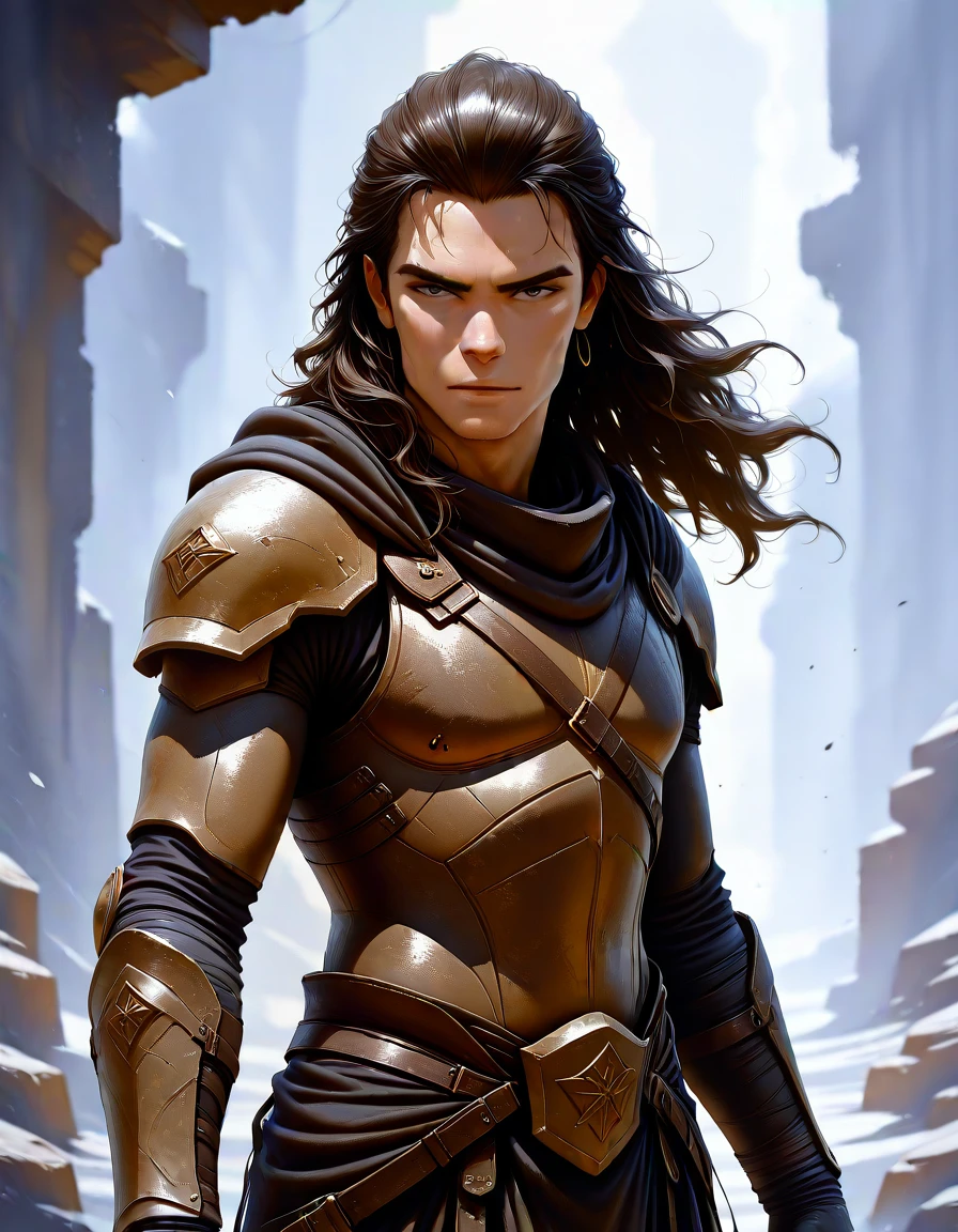 masterpiece, best_quality, very_aesthetic, highres, absurdres, ultra detailed,
, shaggy hair, silver eyes,
<lora:negXL:0.5>
<lora:Watercolor_fantasy_IL_MIX:1> watercolor, traditional media, painting \(medium\),, ruby eye, Dark Brown wavy hair (Vambraces),An armor made of metal arm guards Stylish Copper Hoops, close-up,, outdoors, , depth of field,,blurry background