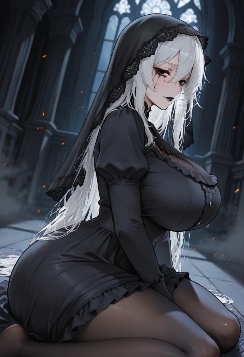 1girl, solo, long hair, looking at viewer, hair between eyes, sitting, white hair, indoors, black dress, black eyes, from side, , (black pantyhose:1.1), blurry background, dutch angle, night, depth of field, thick thighs, half-closed eyes, frilled dress, wariza, messy hair, light particles, white skin, backlighting, mature female, empty eyes, blue theme, on floor, yokozuwari, dark, sad, dark background, fog, (black lips:1.2), embers, dust, black veil, funeral dress, gothic architecture, black tears, masterpiece, best quality, amazing quality, newest, <lora:kitsune_neko_v1.0:1.0>