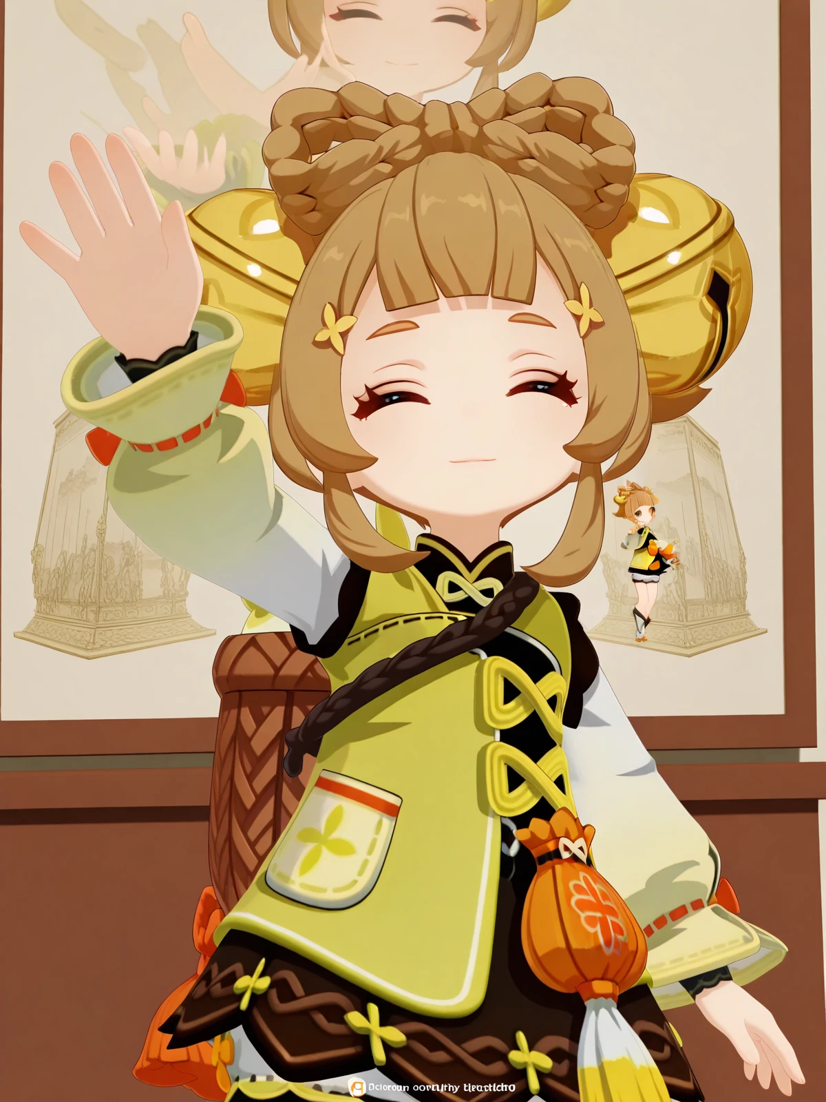 masterpiece, best quality, amazing quality,, <lora:genshin-yaoyao-ingame-illustriousxl-lora-nochekaiser:1>, yaoyao, yaoyao (genshin impact), brown hair, hair ornament, brown eyes, braid, sidelocks, blunt bangs, bell, jingle bell, hair bell, bow-shaped hair, 3d, long sleeves, dress, jacket, puffy sleeves, fur trim, chinese clothes, puffy long sleeves, bloomers, white bloomers,, <lora:incoming-headpat-illustriousxl-lora-nochekaiser:1>, incoming headpat, headpat, pov, outstretched arm, reaching, reaching towards viewer, looking at viewer, head tilt, closed eyes, smile, cowboy shot, museum, art exhibit, paintings, observing, quiet contemplation, cultural experience, cowboy shot, solo, looking at viewer,