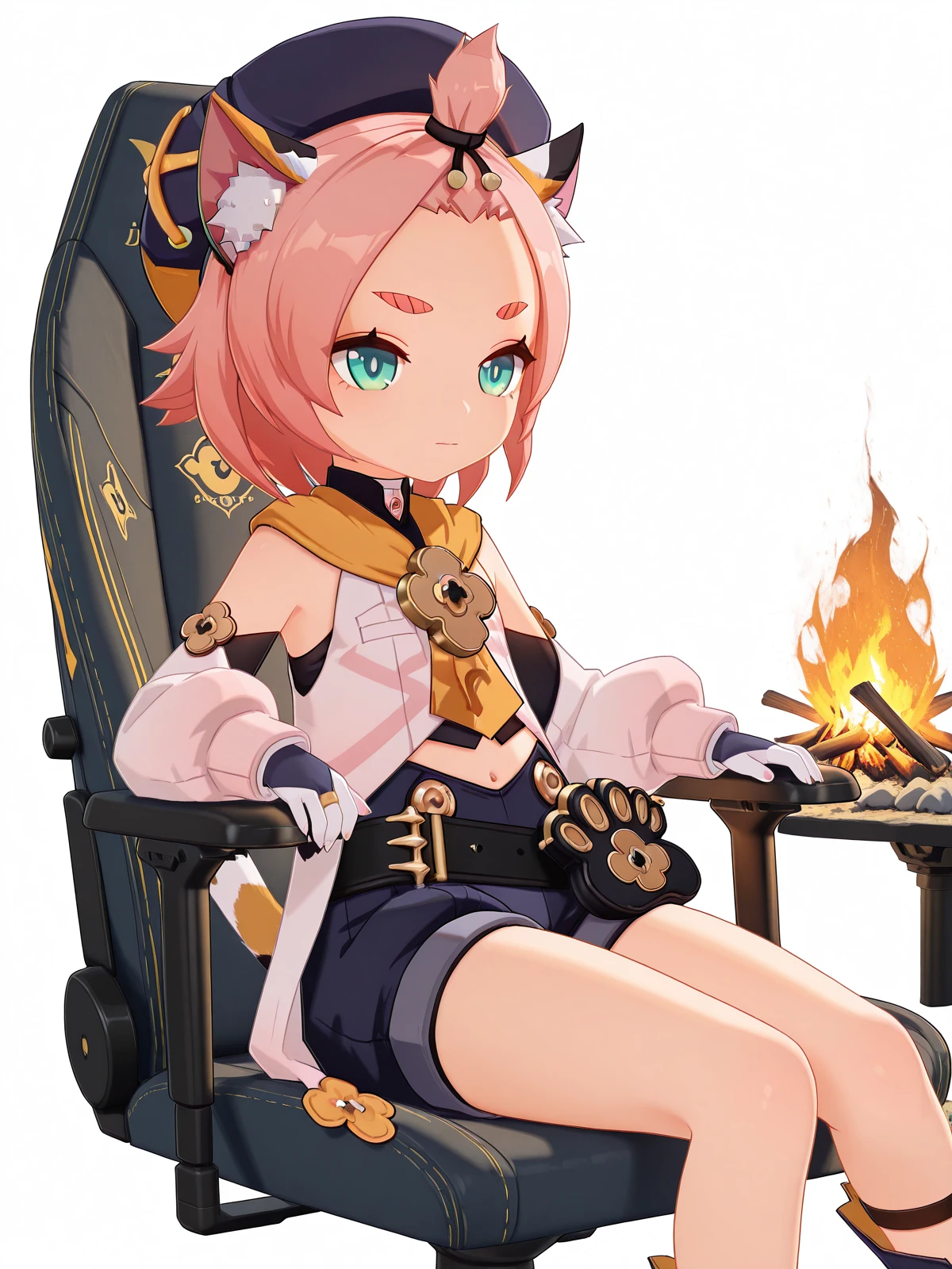 masterpiece, best quality, amazing quality,, <lora:genshin-diona-ingame-illustriousxl-lora-nochekaiser:1>, diona, diona (genshin impact), short hair, animal ears, green eyes, tail, pink hair, sidelocks, cat ears, animal ear fluff, cat tail, thick eyebrows, cat girl, forehead, bangs pinned back, 3d, shirt, long sleeves, gloves, hat, ribbon, detached sleeves, shorts, puffy sleeves, belt, white gloves, black headwear, black shorts, blue shorts, paw print, puffy shorts, <lora:secretlab-chair-illustriousxl-lora-nochekaiser:1>, secretlab chair, chair, office chair, gaming chair, sitting, feet out of frame, elbow rest, camping, bonfire, tent, stargazing, marshmallows, forest clearing, night, cowboy shot, solo, looking at viewer, <lora:transparent-background-illustriousxl-lora-nochekaiser:1>, transparent background, simple background, white background