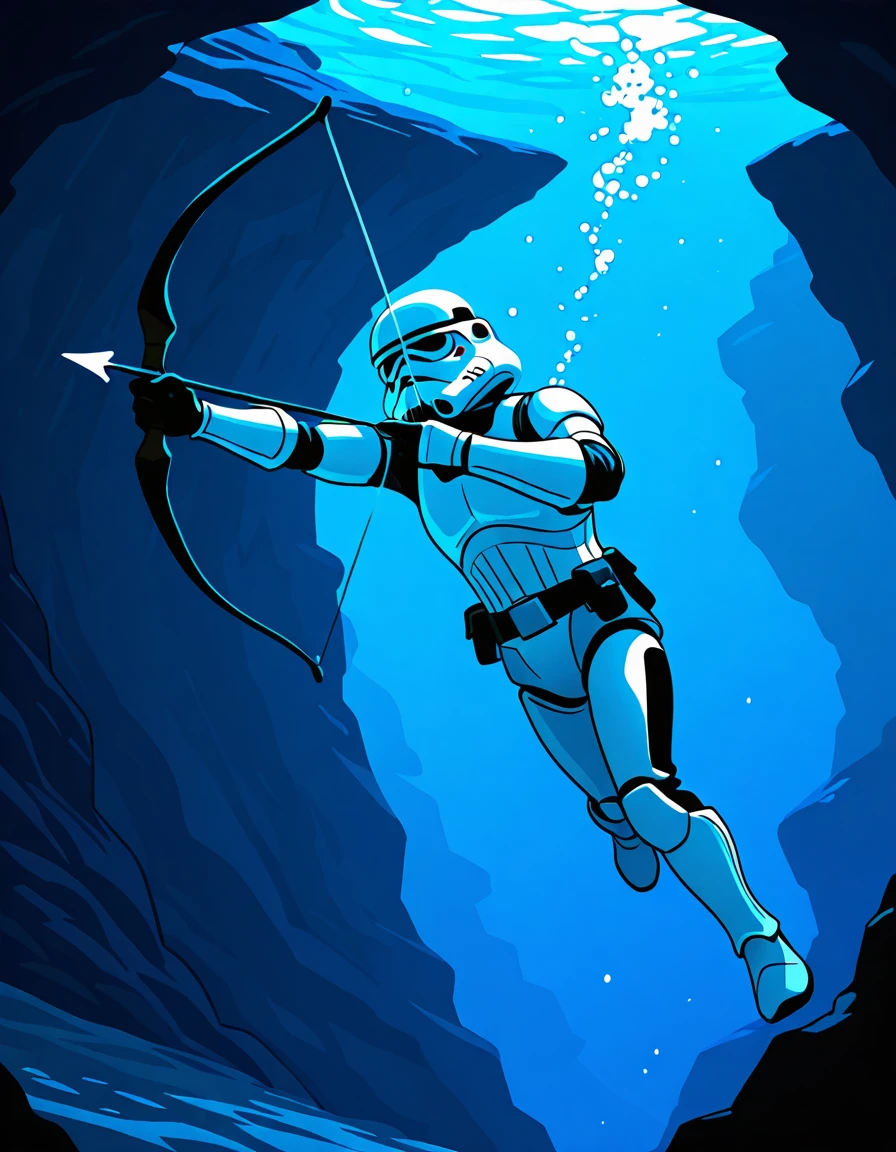<lora:Better Bows v2_epoch_10:1>, bow, simple bow, 1boy, holding bow, arrow, drawn, aiming, stormtrooper, underwater, cave, swimming, bubbles,