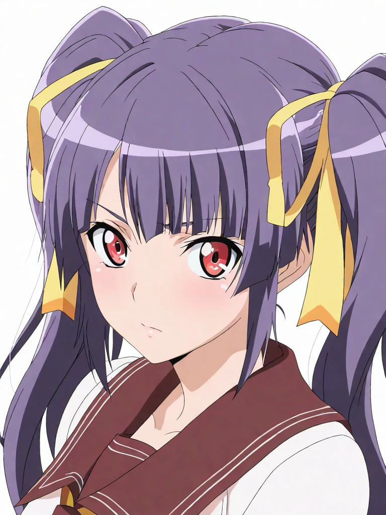 solo,masterpiece,high score,great score,absurdres,portrait,white background,anime coloring,looking at viewer,<lora:SakuyaAmagiri hassakuill30:1> sakuyaamagiri, purple hair, twintails, hair ribbon, red eyes,serafuku,