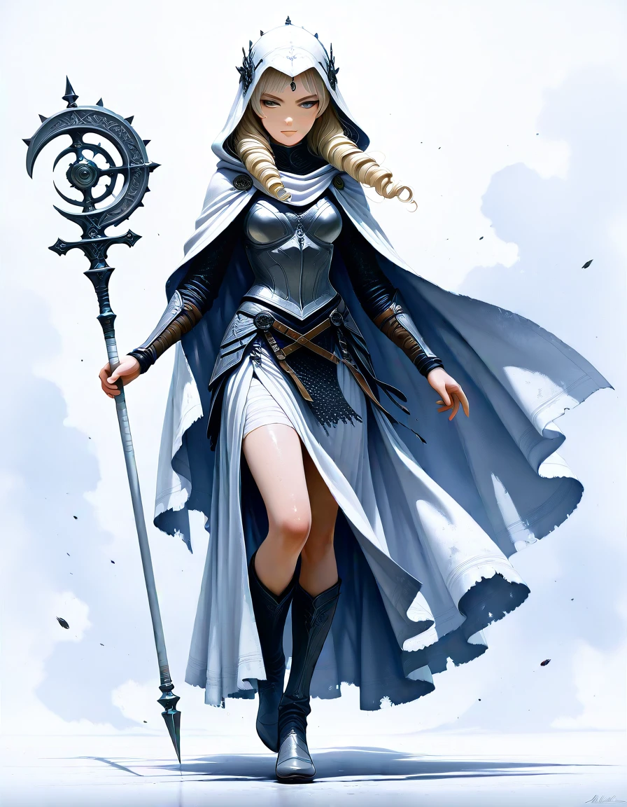 masterpiece, best_quality, very_aesthetic, highres, absurdres, ultra detailed,
, drill hair, silver eyes, 
<lora:negXL:0.5>
 <lora:Watercolor_fantasy_IL_MIX:1> watercolor, traditional media, painting \(medium\),, amber eye, Platinum Blonde sleek hair (Camail),An armor made of chainmail hood  Glamorous Rhinestone Hairpin, full body,  , simple background, , depth of field,,blurry foreground,