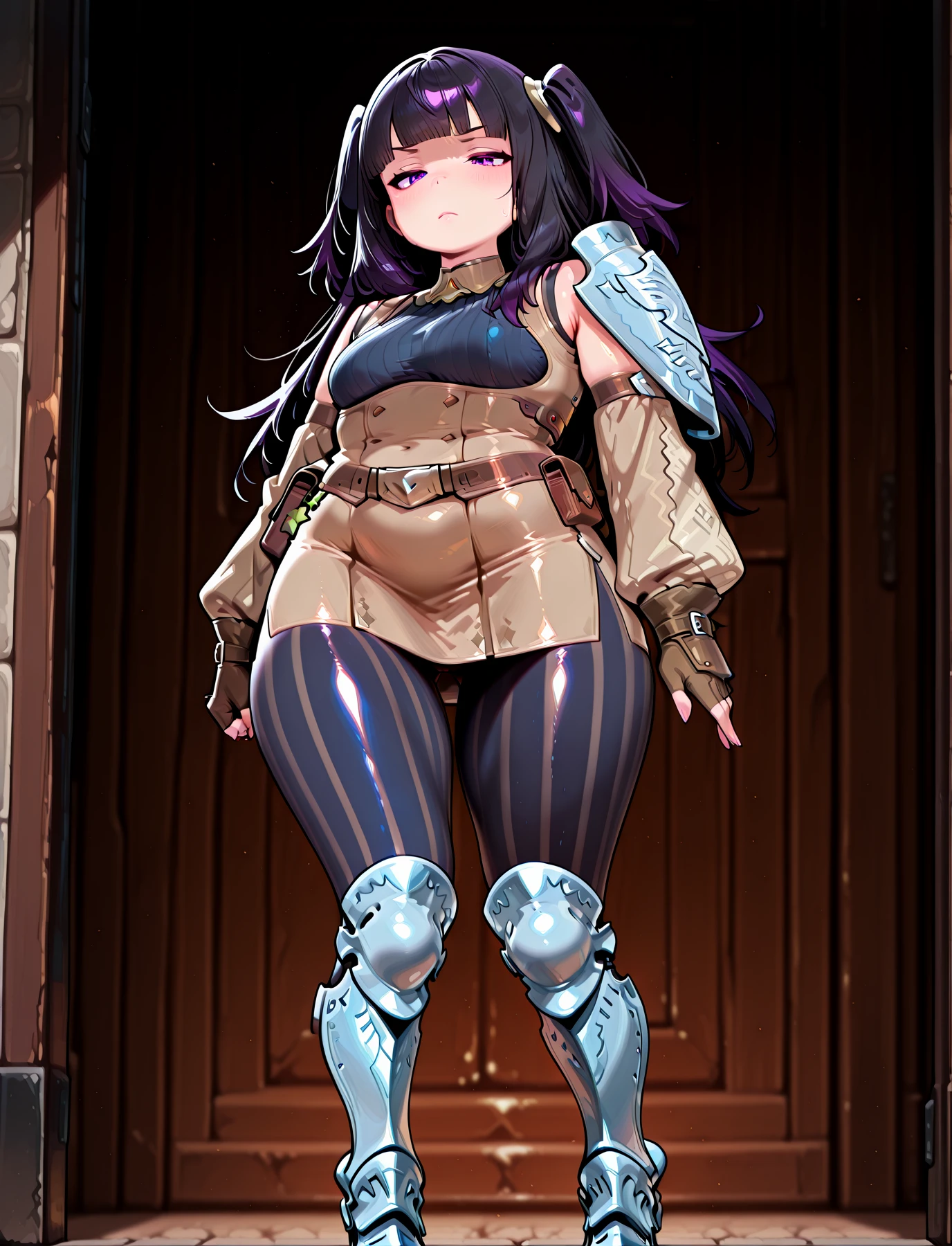 <lora:LECO-mature_female_XL(ill)v11:1> , <lora:Curvier:1>plump, thick thighs, wide hips, curvy, thigh gap,
<lora:AwakeningMercenary:1> AwaMerc, brown short dress, underbust, blue sweater, sleeveless dress, detached sleeves, light brown sleeves, brown belt, fingerless gloves, brown gloves, single pauldron, blue pantyhose, vertical-striped leggings, armored legs, white armored boots
<lora:fetharja-illu-nvwls-v2:1> defthj, black hair, two side up, long hair, blunt bangs, purple eyes,
<lora:vocaloid-boxart-pose-illustriousxl-lora-nochekaiser:1> vocaloid boxart pose, solo, looking at viewer, closed mouth, standing, full body,, IllusP0s, masterpiece, best quality, amazing quality, very aesthetic, absurdres, newest, Smooth_Quality