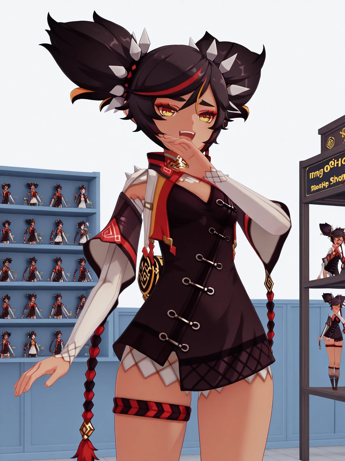 masterpiece, best quality, amazing quality,, <lora:genshin-xinyan-ingame-illustriousxl-lora-nochekaiser:1>, xinyan, xinyan (genshin impact), black hair, twintails, yellow eyes, multicolored hair, red hair, dark skin, streaked hair, dark-skinned female, spikes, hair ornament, mature female, small , 3d, shorts, black dress, long sleeves, detached sleeves, kneehighs, thigh strap, chinese clothes, fishnets, fishnet socks, <lora:ojou-sama-pose-illustriousxl-lora-nochekaiser:1>, ojou-sama pose, laughing, smug, hand to own mouth, open mouth, cowboy shot, shop, toys, privacy, items, unique, cowboy shot, solo, looking at viewer,