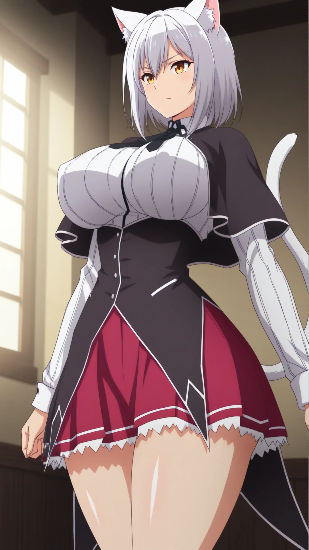anime coloring, highres, anime screenshot, dramatic lighting, intricate details, masterpiece, best quality, absurdres, depth, <lora:DxD_Outfit-30:0.9> (Kuoh_Outfit:1.1), red skirt, pleated skirt, capelet, black capelet, corset, black corset, white shirt, long sleeves, 1girl, large breasts, covered nipples, big hips, curvy hips, thick thighs, white hair, yellow eyes, cat ears, cat tail
