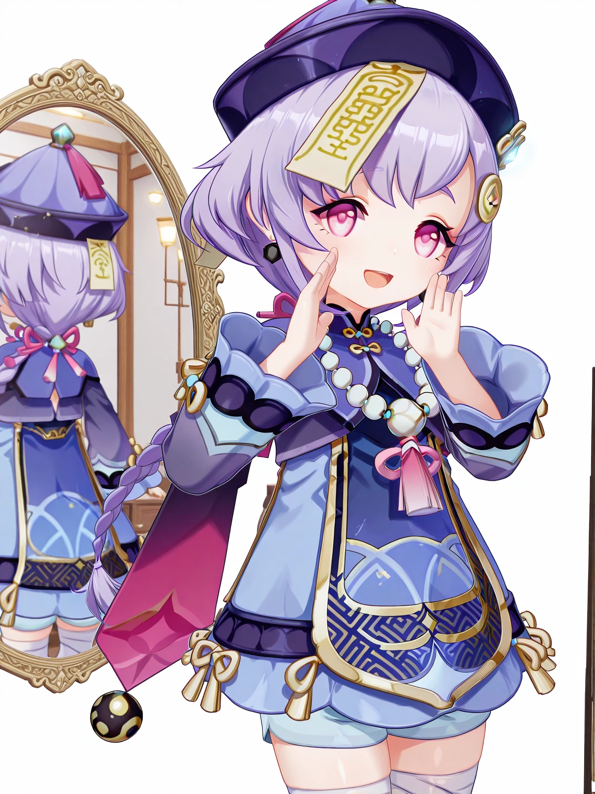 masterpiece, best quality, amazing quality,, <lora:genshin-qiqi-ingame-illustriousxl-lora-nochekaiser:1>, qiqi, qiqi (genshin impact), long hair, hair ornament, purple eyes, braid, purple hair, earrings, pink eyes, single braid, braided ponytail, jiangshi, coin hair ornament, 3d, long sleeves, dress, thighhighs, hat, jewelry, shorts, wide sleeves, necklace, white thighhighs, blue dress, bandages, beads, ofuda, purple headwear, bandaged leg, bead necklace, qingdai guanmao,, <lora:shouting-hand-to-own-mouth-illustriousxl-lora-nochekaiser:1>, shouting hand to own mouth, shouting, hand to own mouth, looking at viewer, smile, open mouth, blush,, dressing room, mirror, lights, costumes, makeup, cowboy shot, solo, looking at viewer, <lora:transparent-background-illustriousxl-lora-nochekaiser:1>, transparent background, simple background, white background