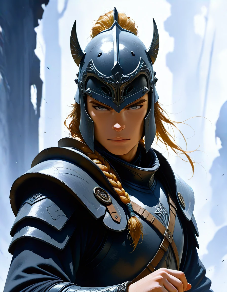 masterpiece, best_quality, very_aesthetic, highres, absurdres, ultra detailed,
, quiff hair, grey eyes, 
<lora:negXL:0.5>
 <lora:Watercolor_fantasy_IL_MIX:1> watercolor, traditional media, painting \(medium\),, grey-blue eye, Blonde braided hairstyle (Great helm),An armor made of closed helmet with a large visor  Geometric Chevron Bracelet, close-up,, outdoors, , blurry foreground, ,blurry background