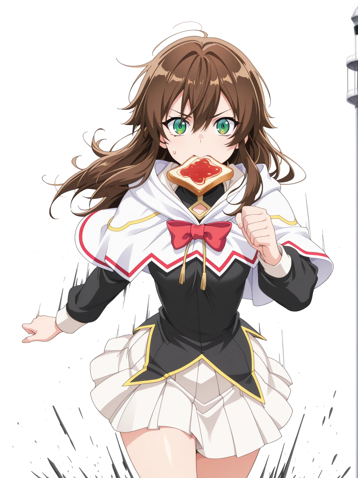 masterpiece, best quality, amazing quality,, <lora:saikyoutank-nin-s1-illustriousxl-lora-nochekaiser:1>, nin, long hair, brown hair, hair between eyes, green eyes, mature female, small breasts, anime screencap, skirt, bow, red bow, capelet, white skirt, white capelet, black shirt, pleated skirt,, <lora:food-in-mouth-running-illustriousxl-lora-nochekaiser:1>, food in mouth running, food in mouth, running, bread, bread slice, food, toast in mouth, toast, sweatdrop, motion lines, motion blur, outdoors, cowboy shot, straight-on, space elevator, tall, space, futuristic, technology, cowboy shot, solo, looking at viewer, <lora:transparent-background-illustriousxl-lora-nochekaiser:1>, transparent background, simple background, white background