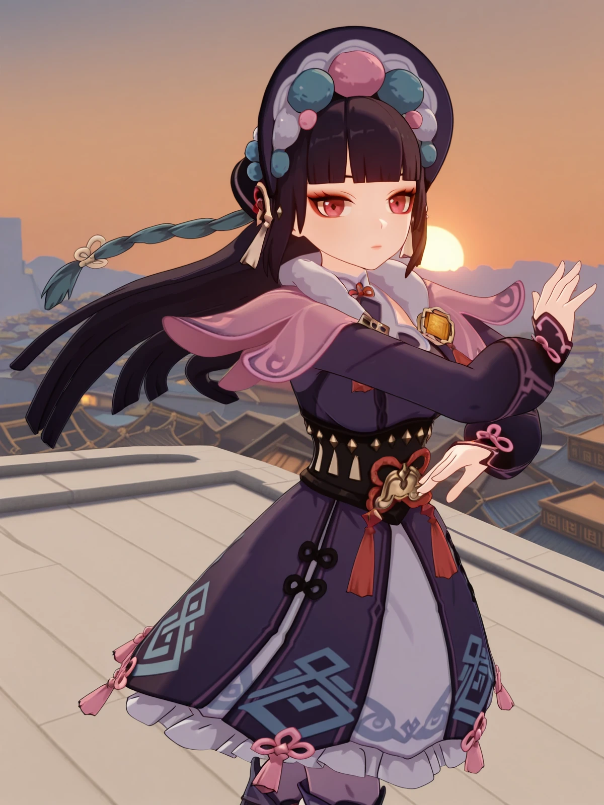 masterpiece, best quality, amazing quality,, <lora:genshin-yun-jin-ingame-illustriousxl-lora-nochekaiser:1>, yun jin, yun jin (genshin impact), black hair, blunt bangs, braid, eyeshadow, long hair, makeup, purple hair, red eyes, red eyeshadow, mature female, medium breasts, 3d, black footwear, boots, chinese clothes, fur trim, hat, knee boots, long sleeves, pantyhose, pom pom (clothes), purple pantyhose,, <lora:dynamic-pose-illustriousxl-lora-nochekaiser:1>, dynamic pose, incoming attack, cowboy shot, rooftop, sunset, cityscape, quiet moment, wind blowing, contemplative, cowboy shot, solo, looking at viewer,