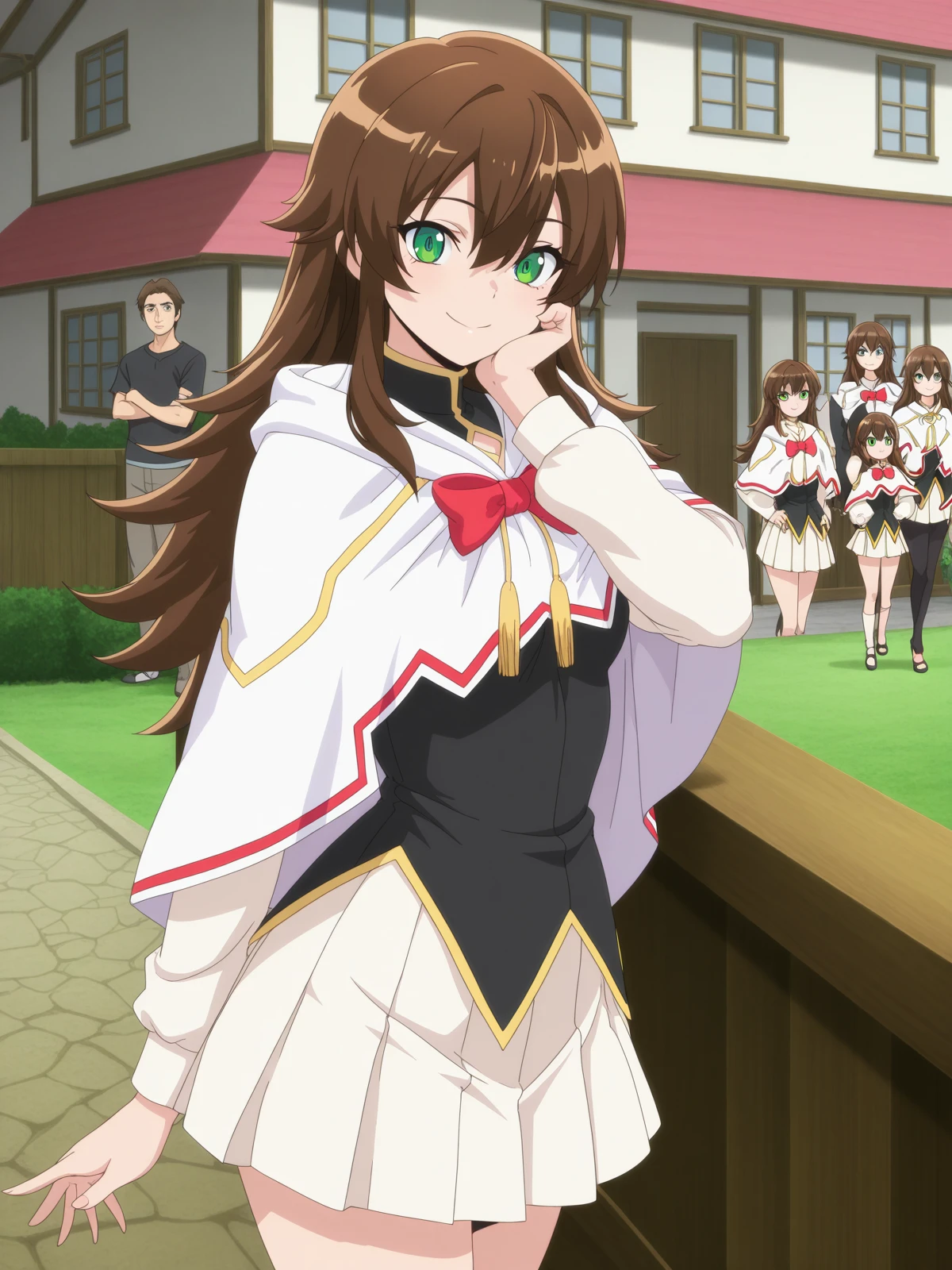 masterpiece, best quality, amazing quality,, <lora:saikyoutank-nin-s1-illustriousxl-lora-nochekaiser:1>, nin, long hair, brown hair, hair between eyes, green eyes, mature female, small , anime screencap, skirt, bow, red bow, capelet, white skirt, white capelet, black shirt, pleated skirt,, head rest, smile,, house, home, family, rooms, yard, cowboy shot, solo, looking at viewer,