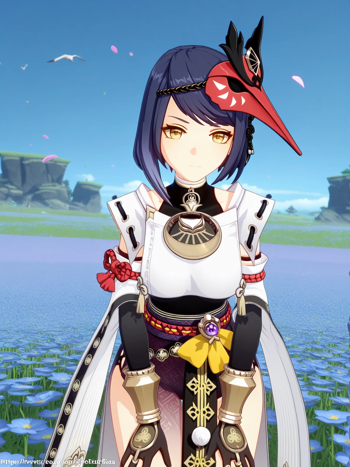 masterpiece, best quality, amazing quality,, <lora:genshin-sara-kujou-ingame-illustriousxl-lora-nochekaiser:1>, sara kujou, kujou sara, blue hair, short hair, swept bangs, yellow eyes, mature female, breasts, 3d, bird mask, gloves, leotard, bracer, detached sleeves, elbow gloves, gloves, japanese clothes, jewelry, leotard, mask, mask on head, obi, pelvic curtain, pendant, sash, sleeveless, vision (genshin impact), wide sleeves,, hands on own knees, flower field, colorful, petals, scent, bloom, cowboy shot, solo, looking at viewer,