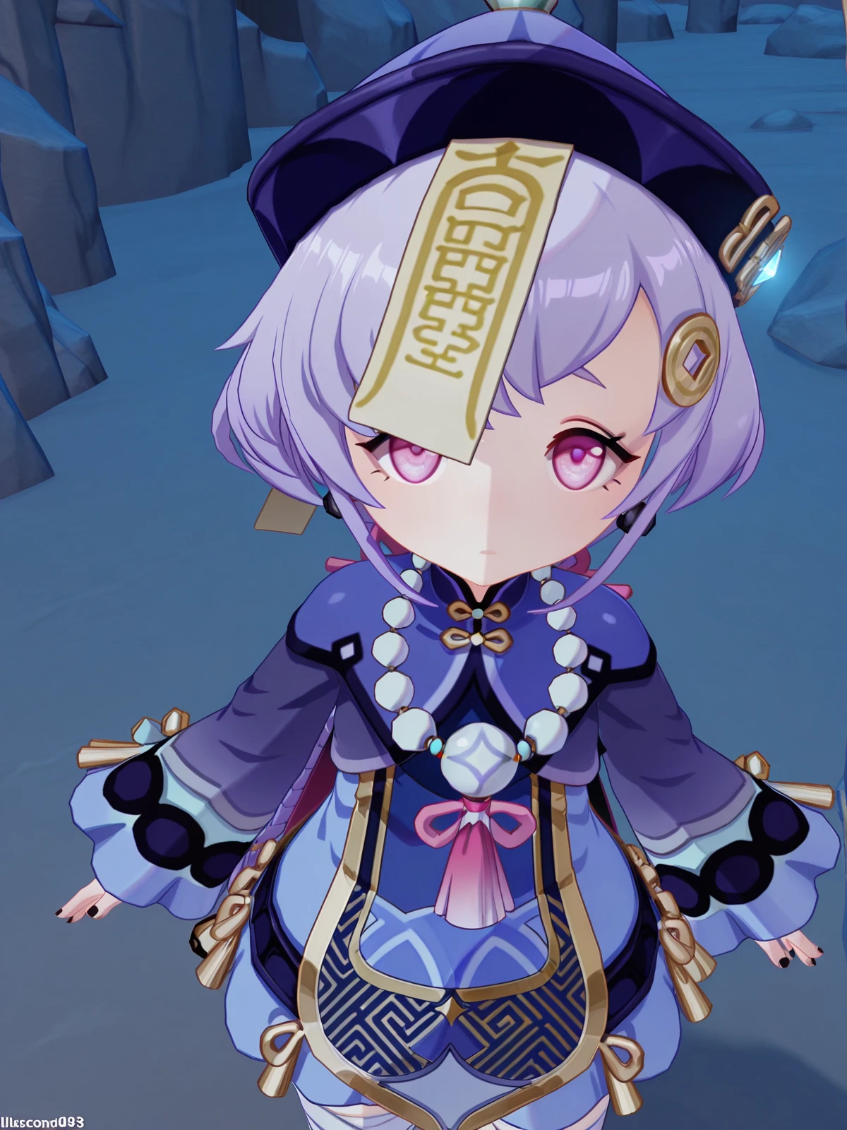 masterpiece, best quality, amazing quality,, <lora:genshin-qiqi-ingame-illustriousxl-lora-nochekaiser:1>, qiqi, qiqi (genshin impact), long hair, hair ornament, purple eyes, braid, purple hair, earrings, pink eyes, single braid, braided ponytail, jiangshi, coin hair ornament, 3d, long sleeves, dress, thighhighs, hat, jewelry, shorts, wide sleeves, necklace, white thighhighs, blue dress, bandages, beads, ofuda, purple headwear, bandaged leg, bead necklace, qingdai guanmao,, from above,, cave, darkness, rocks, underground, stalactites, cowboy shot, solo, looking at viewer,