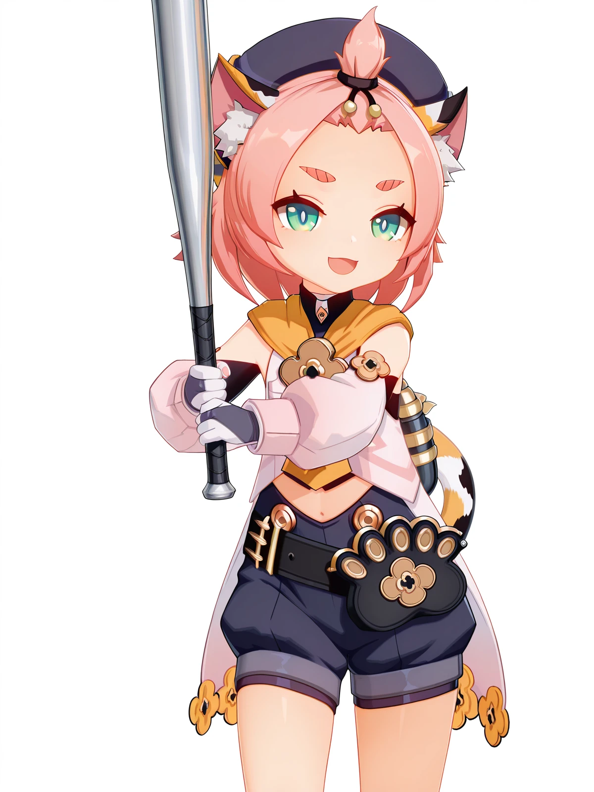 masterpiece, best quality, amazing quality,, <lora:genshin-diona-ingame-illustriousxl-lora-nochekaiser:1>, diona, diona (genshin impact), short hair, animal ears, green eyes, tail, pink hair, sidelocks, cat ears, animal ear fluff, cat tail, thick eyebrows, cat girl, forehead, bangs pinned back, 3d, shirt, long sleeves, gloves, hat, ribbon, detached sleeves, shorts, puffy sleeves, belt, white gloves, black headwear, black shorts, blue shorts, paw print, puffy shorts, <lora:batting-stance-illustriousxl-lora-nochekaiser:1>, batting stance, looking at viewer, smile, open mouth, baseball bat, holding baseball bat, laboratory, beakers, microscope, scientist, experiments, cowboy shot, solo, looking at viewer, <lora:transparent-background-illustriousxl-lora-nochekaiser:1>, transparent background, simple background, white background