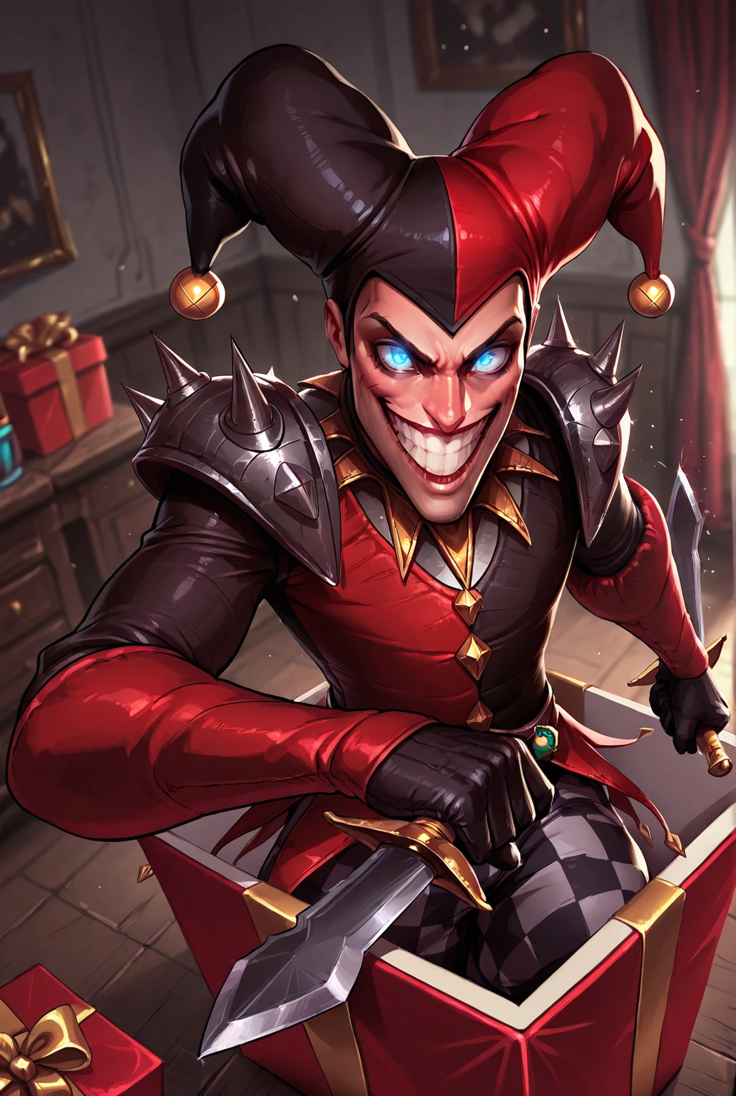 very awe,aesthetically pleasing,masterpiece,best quality,amazing quality,very aesthetic,ultra-detailed,high resolution,8k,1boy,solo,male focus,detailed face,spikes,blue eyes,glowing eyes,armor,hat,jester cap,teeth,smile,red clothes,gloves,dagger,knife,holding weapon,dual wielding,perspective,depth of field,gift box,looking at viewer,in container,waist up,indoors,<lora:add-detail-xl:1>,<lora:shako lol:0.7>,shac0 lol,<lora:Present-IL:0.6>,pr3s3nt,