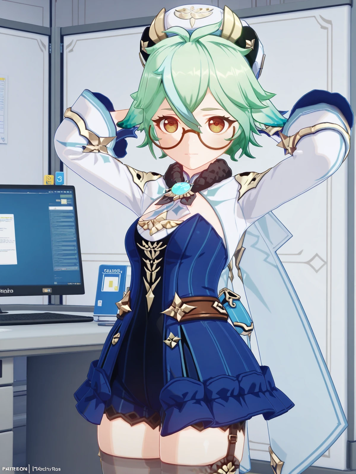 masterpiece, best quality, amazing quality,, <lora:genshin-sucrose-ingame-illustriousxl-lora-nochekaiser:1>, sucrose, sucrose (genshin impact), ahoge, animal ears, brown eyes, glasses, gradient hair, hair between eyes, messy hair, multicolored hair, semi-rimless eyewear, short hair, mature female, small breasts, 3d, frills, fur collar, gem, gloves, green thighhighs, long sleeves, thighhighs, white headwear, zettai ryouiki, skirt, blue skirt,, hands behind head,, cubicle, desk, computer, partition, workspace, cowboy shot, solo, looking at viewer,
