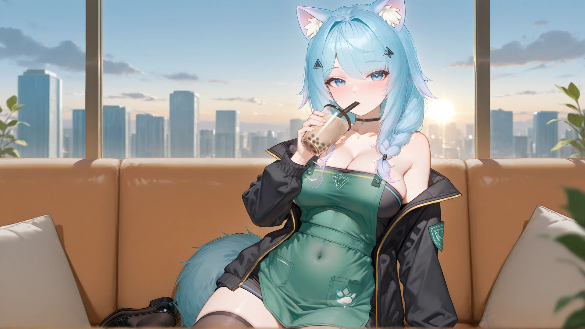(masterpiece,best quality,amazing quality,ultra-detailed,highly detailed,8k,depth of field,natural colors,high contrast,soft lighting,realistic shading,intricate details,cinematic lighting,absurdres,highres,newest,very aesthetic,extremely detailed,very awa,detailed background,perfect anatomy,surreal,year 2023,year 2024,(scenery:1.4),perfect proportions,perfect hands,8k,good anatomy,good shading,ultra detailed,refined details,high resolution,HD,masterwork,4ur4_illu,shiny,),<lora:xmc_v0.3_noobai_cwhj_946906:0.8>,<lora:add-detail-xl:0.9>,<lora:illustrious_best_quality_v1_1021798:0.8>,<lora:LirussoV2_Vtuber:0.9>,lirussoillv2,cat girl,1girl,solo,breasts,long hair,blue hair,animal ears,animal ear fluff,looking at viewer,bare shoulders,hair ornament,jacket,black jacket,blue eyes,cleavage,multicolored hair,off shoulder,collarbone,choker,blush,open clothes,gradient hair,covered navel,black choker,tail,open jacket,strapless,medium breasts,thighhighs,long sleeves,black footwear,virtual youtuber,
masterpiece,best quality,amazing quality,indoors,cafe,window,cityscape,sky,clouds,holding,bubble tea,drinking,sitting,sofa,table,aesthetic,absurdres,best quality,4k,upscale,1girl,sidelock,solo,mole,braid,shirt,long hair,looking at viewer,short sleeves,apron,upper body,black shirt,green apron,employee uniform,collared shirt,hair over shoulder,uniform,bangs,single braid