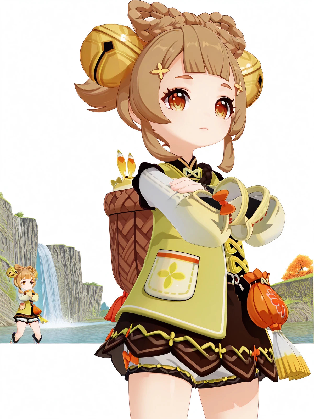 masterpiece, best quality, amazing quality,, <lora:genshin-yaoyao-ingame-illustriousxl-lora-nochekaiser:1>, yaoyao, yaoyao (genshin impact), brown hair, hair ornament, brown eyes, braid, sidelocks, blunt bangs, bell, jingle bell, hair bell, bow-shaped hair, 3d, long sleeves, dress, jacket, puffy sleeves, fur trim, chinese clothes, puffy long sleeves, bloomers, white bloomers,, <lora:kung-fu-illustriousxl-lora-nochekaiser:1>, kung fu, martial arts, training, fighting stance, cowboy shot, crossed arms, water, lake, river, waterfall, natural, cowboy shot, solo, looking at viewer, <lora:transparent-background-illustriousxl-lora-nochekaiser:1>, transparent background, simple background, white background