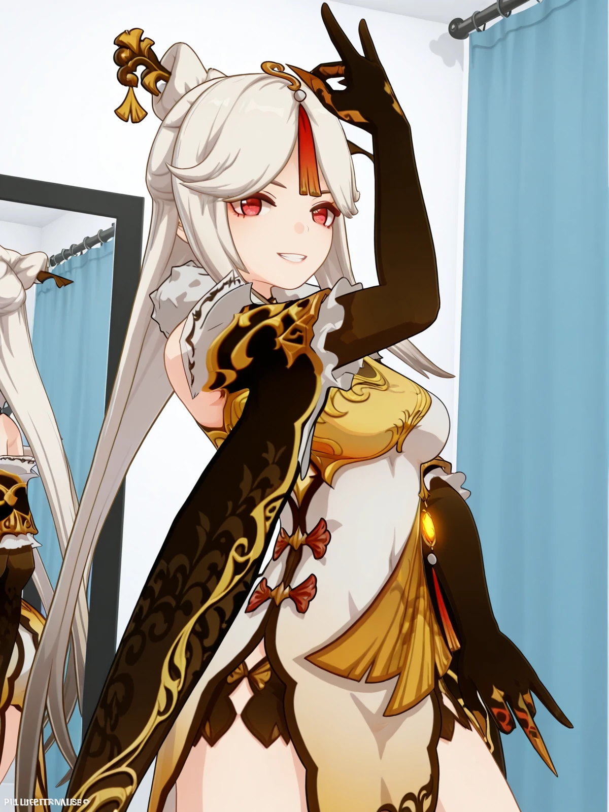 masterpiece, best quality, amazing quality,, <lora:genshin-ningguang-ingame-illustriousxl-lora-nochekaiser:1>, ningguang, ningguang (genshin impact), grey hair, hair ornament, hairpin, long hair, parted bangs, red eyes, sidelocks, streaked hair, red hair, mature female, breasts, 3d, bare shoulders, black gloves, chinese clothes, claw ring, detached sleeves, dress, elbow gloves, frilled sleeves, frills, fur collar, gloves, jewelry, pelvic curtain, sleeveless, sleeveless dress, white dress,, <lora:killer-queens-pose-illustriousxl-lora-nochekaiser:1>, killer queens pose, killer queens's pose (jojo), jojo pose, arm up, hand up, \n/, double \n/, arm down, hand down, grin, arched back, bent over, cowboy shot, fitting room, mirror, clothes, privacy, store, cowboy shot, solo, looking at viewer,
