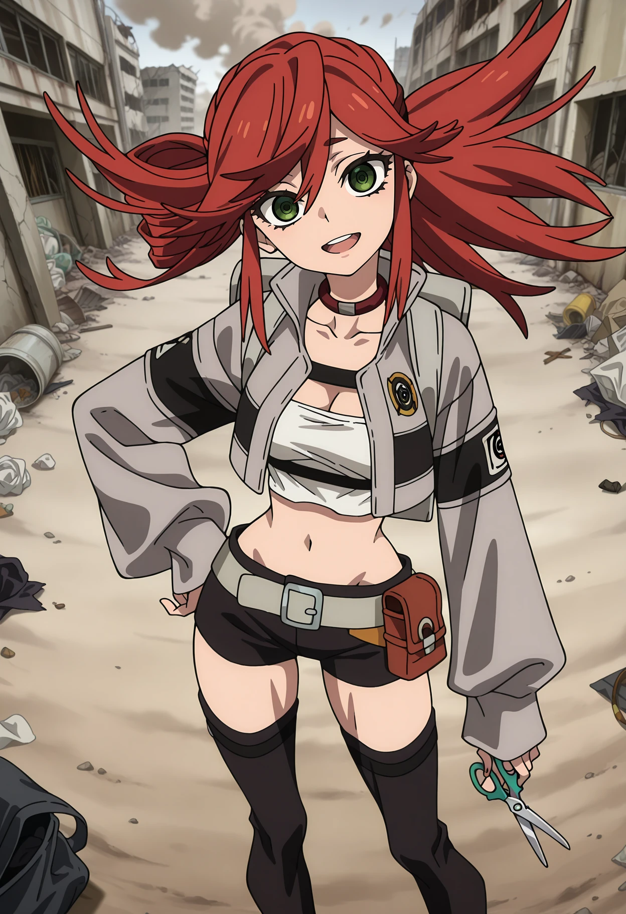 anime screencap, masterpiece, best quality,
1girl, solo, open mouth, light smile, upper teeth only, head tilt,
ponytail, spiked hair, long hair, red hair, green eyes,
brown choker, cropped jacket, grey jacket, white tube top, cleavage, small breasts,
backpack, long sleeves, sleeves past wrists, armband, midriff, navel,
grey belt, short shorts, black shorts, belt pouch, black thighhighs,
holding scissors,
hand on own hip, standing, looking at viewer, cowboy shot, long legs, three quarter view, foreshortening, from above, fisheye,
outdoors, grey background, dust cloud, ruins, trash, photo background, blurry background
<lora:Gachiakuta_RiyouReaper_IlluXL:0.9>