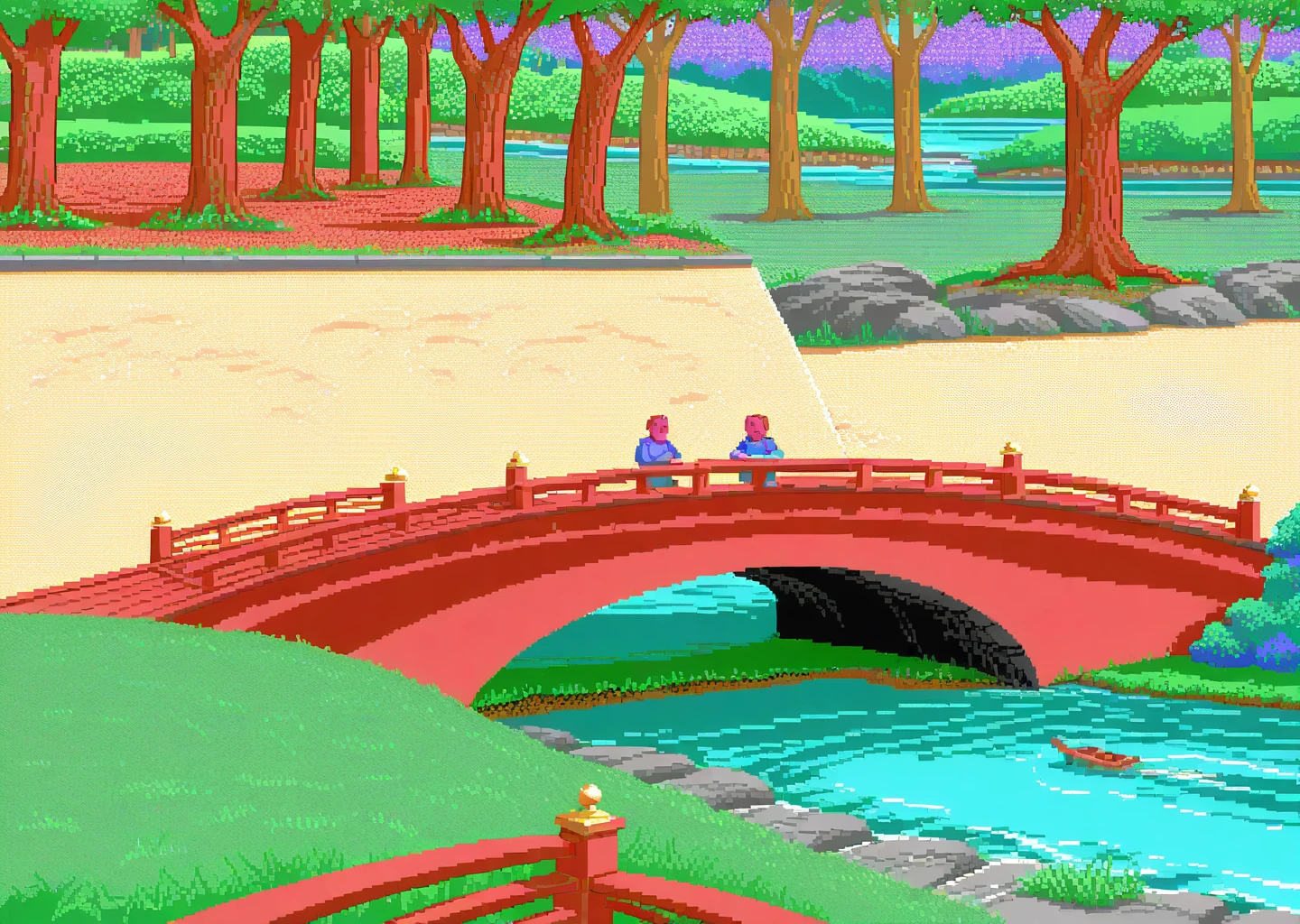 <lora:dosega-il:1> restricted palette, flat colors, bridge, river, grass, tree, scenery,, best quality, high quality, masterpiece,