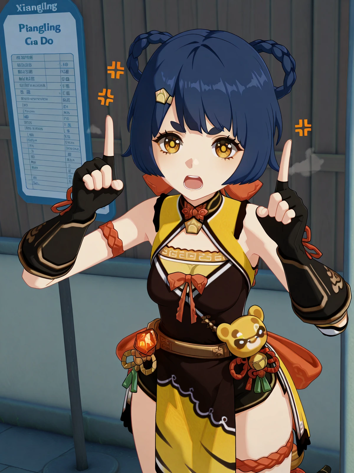 masterpiece, best quality, amazing quality,, <lora:genshin-xiangling-ingame-illustriousxl-lora-nochekaiser:1>, xiangling, xiangling (genshin impact), blue hair, braid, braided hair rings, hair ornament, hair rings, hairclip, yellow eyes, mature female, small breasts, 3d, arm strap, bare shoulders, bell, belt, black footwear, black gloves, boots, brown belt, cleavage, cleavage cutout, clothing cutout, dress, fingerless gloves, gloves, high heels, jingle bell, thigh strap,, <lora:horns-pose-illustriousxl-lora-nochekaiser:1>, horns pose, index fingers raised, angry, steam, open mouth, shouting, anger vein, cowboy shot, hands up,, bus stop, waiting, commuter, smartphone, checking time, cold morning, cowboy shot, solo, looking at viewer,