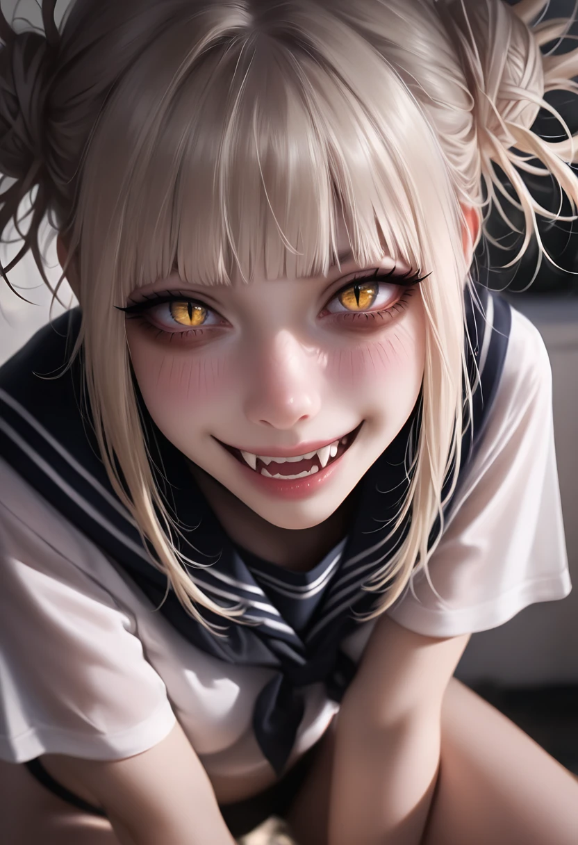 masterpiece, best quality, amazing quality, high resolution, ultra detailed, perfect details, realistic, photorealistic, BSS_AES, very aesthetic, sensitive, 1girl, solo, looking at viewer, blush, smile, open mouth, shirt, blonde hair, , school uniform, white shirt, panties, yellow eyes, short sleeves, sidelocks, :d, teeth, serafuku, blunt bangs, sailor collar, hair bun, blurry, eyelashes, lips, black panties, double bun, blurry background, fangs, slit pupils, messy hair, close-up, bags under eyes, sideways, toga himiko