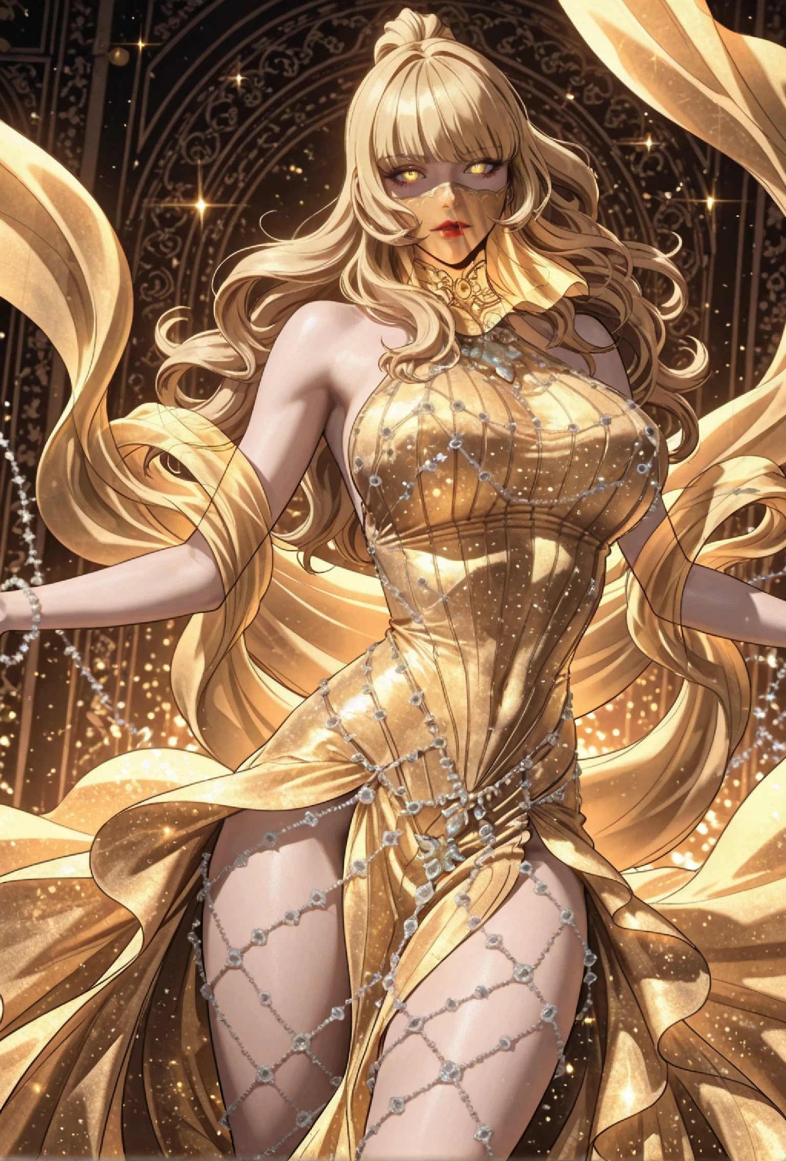 1girl, solo, looking_at_viewer, eyelashes, glowing_eyes, yellow_eyes, red lipstick, long_hair, wavy_hair, blonde_hair, high_ponytail, half_updo, hime_cut, blunt bangs, hair_over_one_eye, hair_ornament, hair_flower, veil, face_veil, jewelry, earrings, necklace, ornate_necklace, gemstone, pendant, bare_shoulders, collarbone, belly, navel, large_breasts, narrow_waist, wide_hips, huge_breasts, strapless_dress, golden_dress, elegant_dress, floating_ribbons flowing_fabric, floating jewelry, around arms, around waist, sparkles, glowing, fantasy, goddess, magical_girl, high_slit_dress, dramatic_lighting, detailed_background, magical_effect, glowing_runes, celestial_background, starry_background,