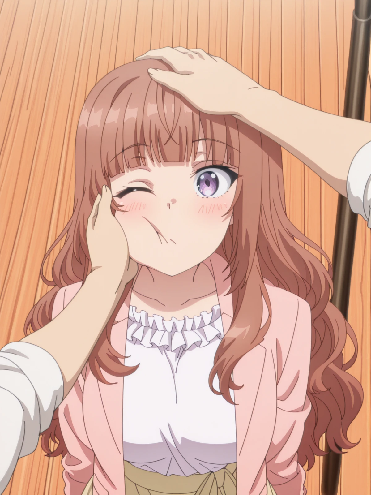 masterpiece, best quality, amazing quality,, <lora:chisa-akagawa-s1-illustriousxl-lora-nochekaiser:1>, chisa akagawa, long hair, brown hair, purple eyes, blunt bangs, mature female, medium breasts, anime screencap, shirt, skirt, dress, jacket, white shirt, frills, pink jacket, yellow skirt, <lora:pov-cheek-and-head-pat-illustriousxl-lora-nochekaiser:1>, pov cheek and head pat, pov cheek and head pat (meme), looking at viewer, blush, upper body, one eye closed, solo focus, pov, hand on another's head, pov hands, headpat, hand on another's face, hand on another's cheek, petting,, wooden bridge, planks, rustic, crossing, narrow, cowboy shot, solo, looking at viewer,