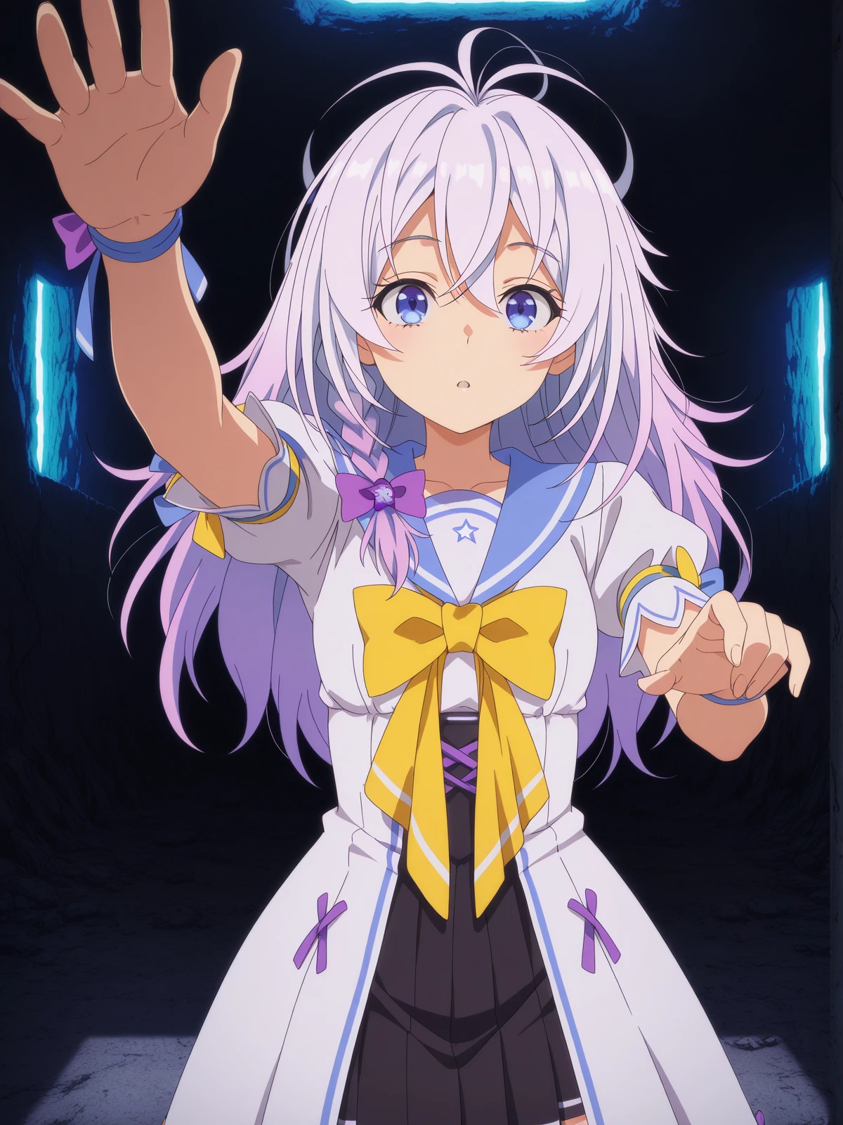masterpiece, best quality, amazing quality,, <lora:niberune-s1-illustriousxl-lora-nochekaiser:1>, niberune, long hair, blue eyes, hair between eyes, white hair, grey hair, braid, hair bow, antenna hair, side braid, purple bow, gradient hair, mature female, small breasts, anime screencap, skirt, dress, bow, ribbon, short sleeves, pleated skirt, puffy sleeves, sailor collar, white dress, puffy short sleeves, yellow bow, yellow bowtie, black skirt, pleated skirt, high-waist skirt, thighhighs, white thighhighs,, <lora:incoming-headpat-illustriousxl-lora-nochekaiser:1>, incoming headpat, headpat, pov, outstretched arm, reaching, reaching towards viewer, looking at viewer, upper body, bunker, underground, secure, concrete, dark, cowboy shot, solo, looking at viewer,