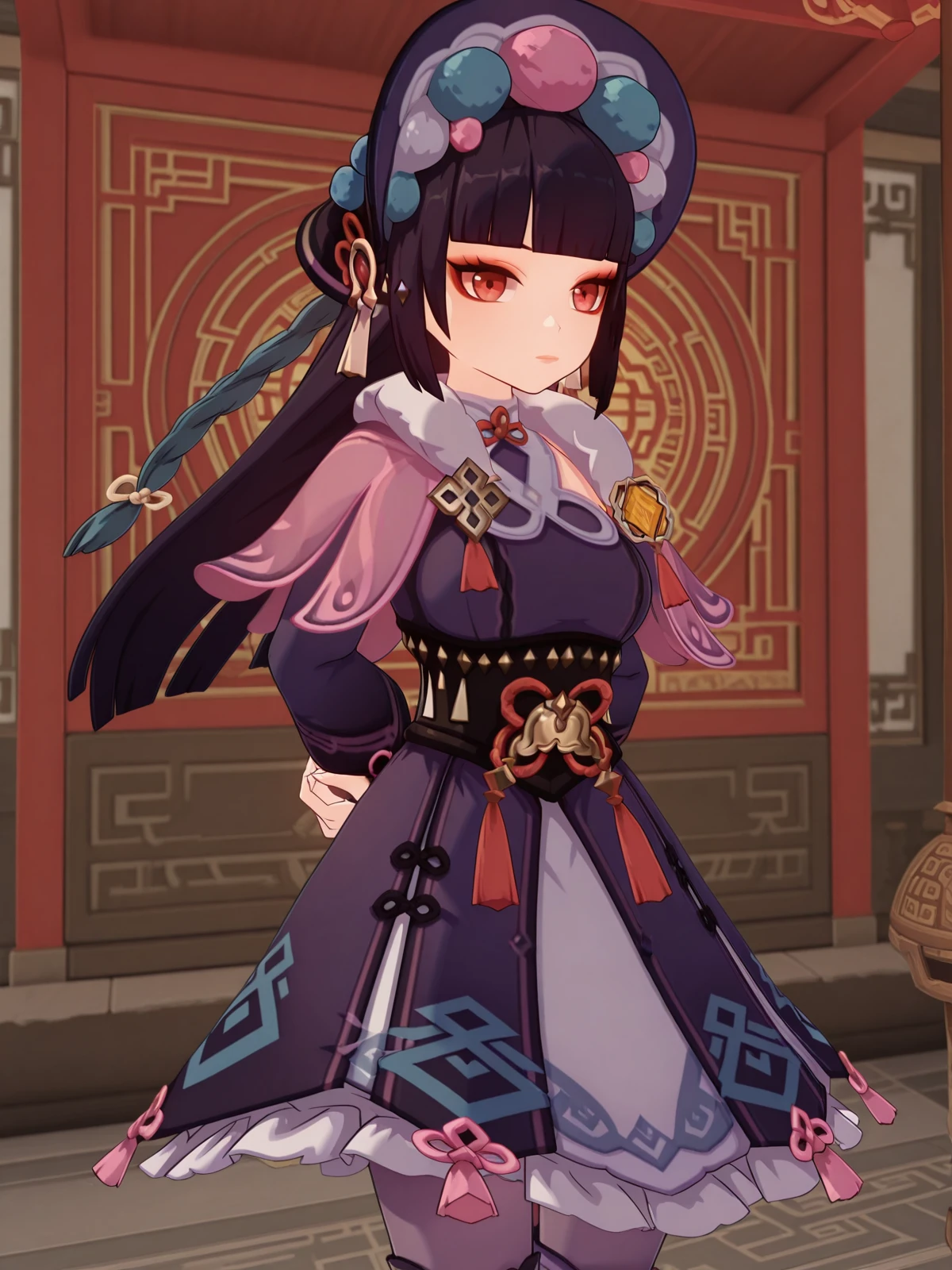 masterpiece, best quality, amazing quality,, <lora:genshin-yun-jin-ingame-illustriousxl-lora-nochekaiser:1>, yun jin, yun jin (genshin impact), black hair, blunt bangs, braid, eyeshadow, long hair, makeup, purple hair, red eyes, red eyeshadow, mature female, medium breasts, 3d, black footwear, boots, chinese clothes, fur trim, hat, knee boots, long sleeves, pantyhose, pom pom (clothes), purple pantyhose,, <lora:kung-fu-illustriousxl-lora-nochekaiser:1>, kung fu, martial arts, training, fighting stance, cowboy shot, hands behind back, pagoda, tall, tiered, Asian, sacred, cowboy shot, solo, looking at viewer,