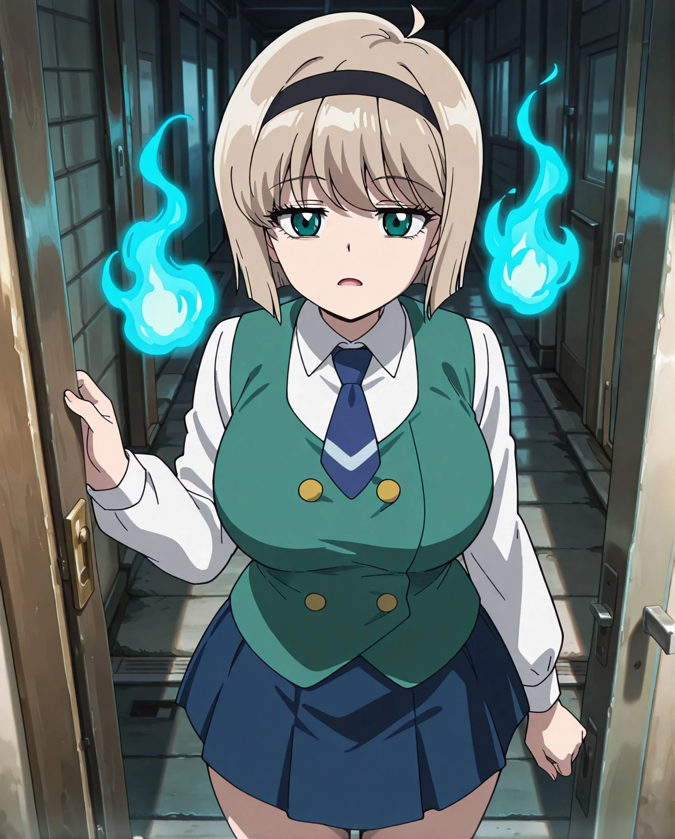 <lora:add-detail-xl:0.5>masterpiece,best quality,anime coloring,anime screenshot,
<lora:Possession:0.5>PossessionV1,
1girl, comic,spirit possession, possessed girl, black shadow behind female,
standing at the doorway, standing at the entrance,front view,
<lora:Miki_Hosokawa_-_Jigoku_Sensei_Nube_2025:1>
Miki H25, light brown hair, short hair,bangs, green eyes, black hairband, large breast, white long sleeves collared shirt, green vest with buttons, blue necktie, petrol blue skirt,
jigoku sensei nube,
20YO,