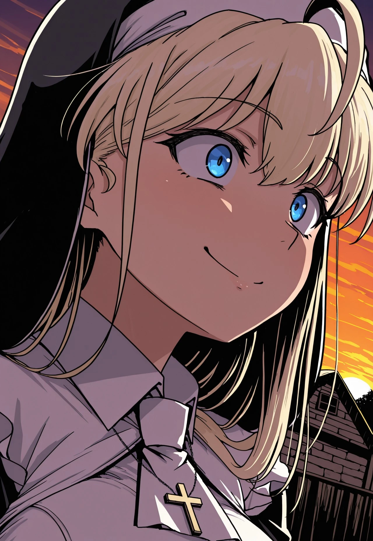anime coloring, M4j0r4, (dark shading 1.4), outdoors, dark, sunset, farm, medieval, masterpiece, best quality, solo, dynamic angle, dynamic pose, foreshortening, 
1girl, Sister_ana, habit, Ahoge, blonde hair, blue eyes, cross necklace, Nun, side slits, white thighhighs, 
, (upper body, face focus), happy smile, shocked, !!!,
(anime screenshot),  bold lines, high contrast, dramatic shadows, rough textures, strong comic book aesthetic,