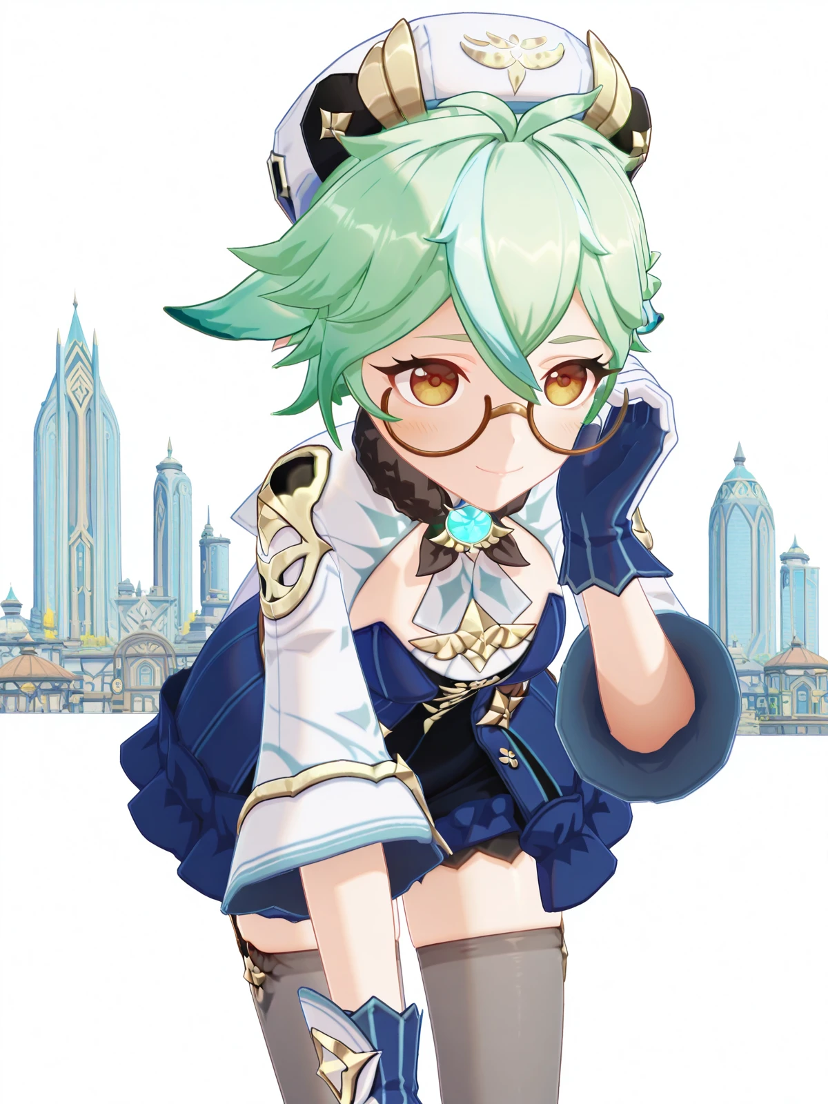 masterpiece, best quality, amazing quality,, <lora:genshin-sucrose-ingame-illustriousxl-lora-nochekaiser:1>, sucrose, sucrose (genshin impact), ahoge, animal ears, brown eyes, glasses, gradient hair, hair between eyes, messy hair, multicolored hair, semi-rimless eyewear, short hair, mature female, small breasts, 3d, frills, fur collar, gem, gloves, green thighhighs, long sleeves, thighhighs, white headwear, zettai ryouiki, skirt, blue skirt,, <lora:tucking-hair-illustriousxl-lora-nochekaiser:1>, tucking hair, adjusting hair, hand on own hair, hair behind ear, smile, bent over, leaning forward, blush, hand up,, skyscraper, tall, glass, modern, building, cowboy shot, solo, looking at viewer, <lora:transparent-background-illustriousxl-lora-nochekaiser:1>, transparent background, simple background, white background